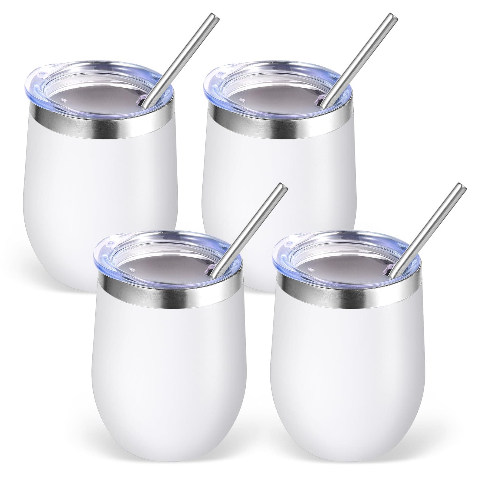 Volhoply 12oz Stainless Steel Wine Tumbler with Lid Bulk 4 Pack,Double Wall Vacuum Stemless Wine Glasses,Reusable Metal Travel Coffee Mug with Straw,Insulated Cup Gift for Women,Christmas(White,4 Set)