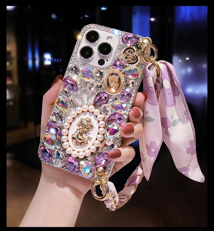 for Samsung Galaxy Note 20 Bling Case with Hand Chain Wrist Strap Bracelet Silk Scarf for Women Girls Luxury Cute Gemstone Pearl Crystal Glitter Diamond Glitter Phone Cover,Purple