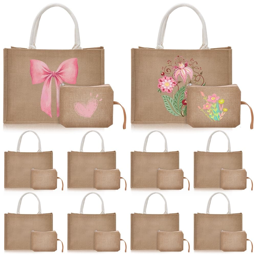 INTERWARM 10Pcs Burlap Tote Bags with Handle Bulk, 14.8x0.7x11.1Inches Jute Tote Gift Bag and Makeup Bags Bridesmaid Wedding Favors Gift Bag for Women Grocery Shopping Party Favors Travel