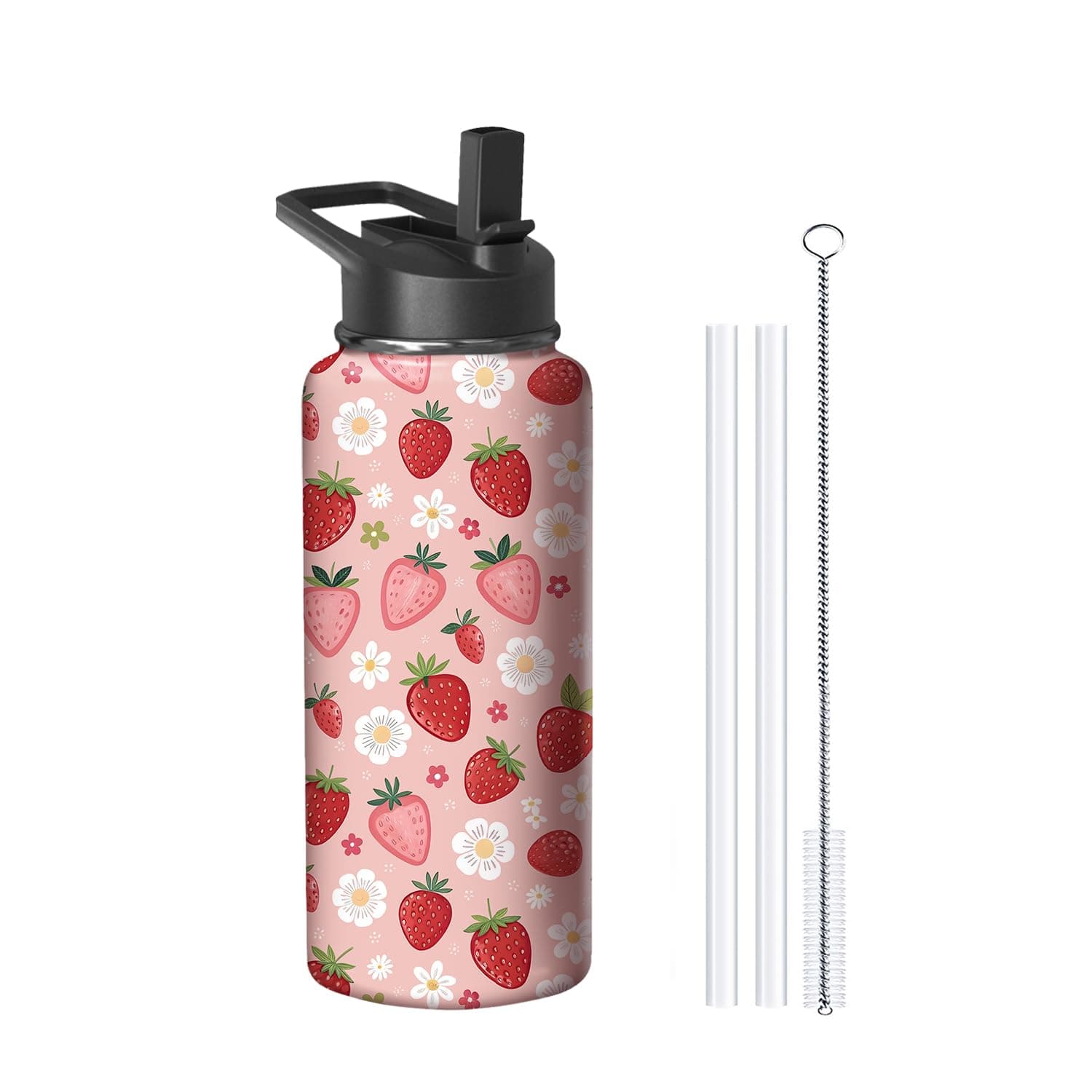 Xchearser 32oz Pink Strawberry Water Bottle with Handle and Flip Straw, Sports Stainless Steel Insulated Cup Travel Coffee Mug Tumbler, Birthday Mothers Day Chritmas Gifts for Women
