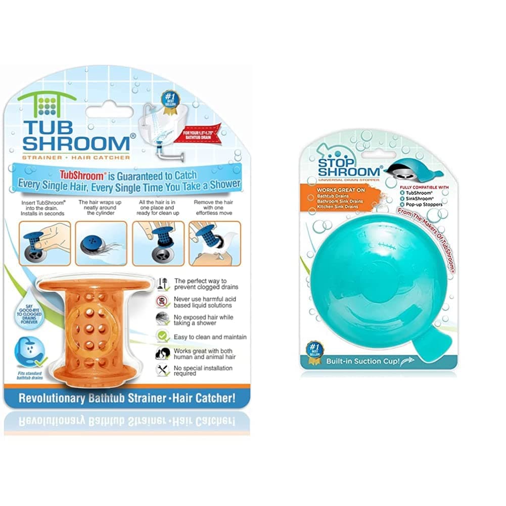 TubShroom TSORA454 The Revolutionary Tub Drain Protector Hair Catcher/Strainer/Snare + StopShroom STBLU232 Universal Stopper Plug Cover (Aqua)