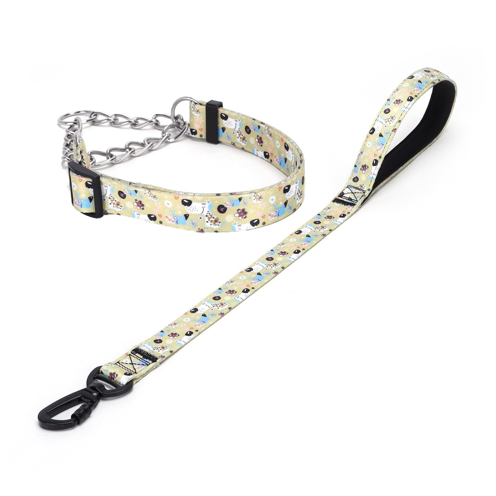 Haoyueer Martingale Dog Collar and Leash Set, Stainless Steel Chain, No Pull Training Collar with Flower Design, for Small, Medium, Large Dogs (NO14, S)
