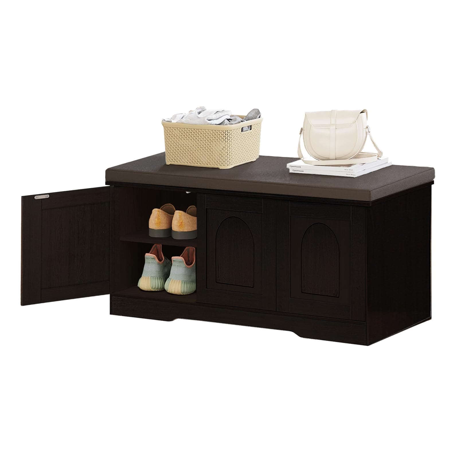 DINZI LVJ Shoe Storage Bench with Cushion, Door, Espresso 39.4" LX17.7 H