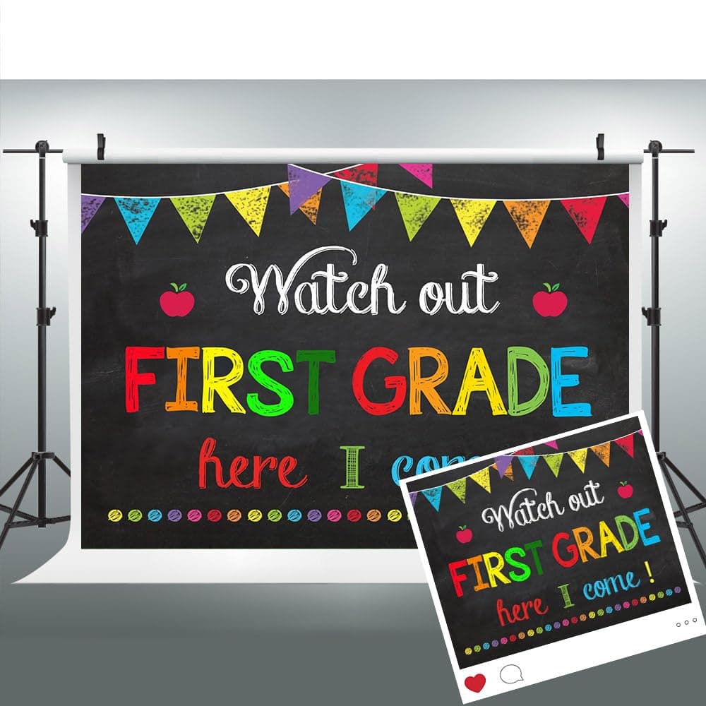 LUCKBTY Back to School Backdrop for Kids Children Watch Out 1st Grade Here I Come Photo Preschool Classroom Background Party Supplies Photo Booth Prop 7X5FT BJMYLU1229