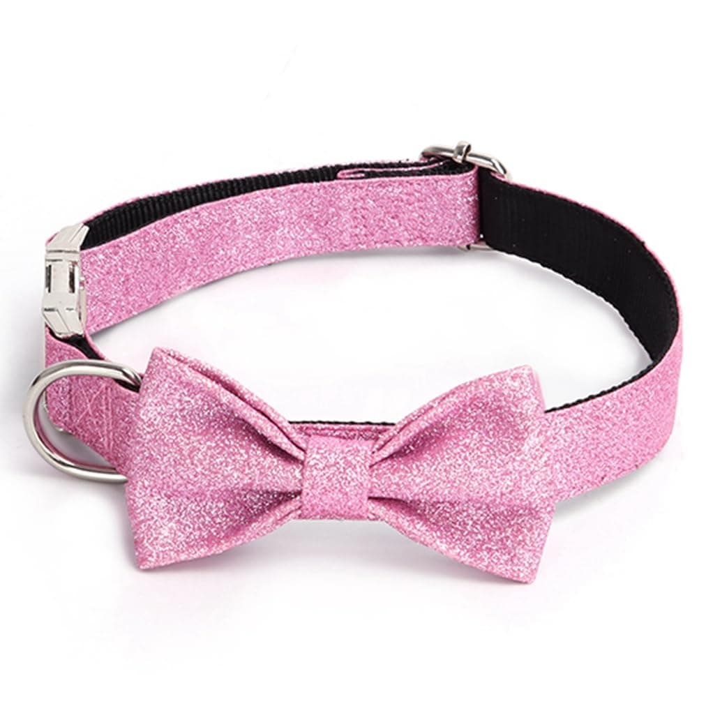 Pimaodog Personalized Dog Collar with Name & Phone Engraved on Metal Buckle - Customized for Small, Medium & Large Dogs - Bling Dog Collar - with Fancy Cute Bow Tie (M, Pink)