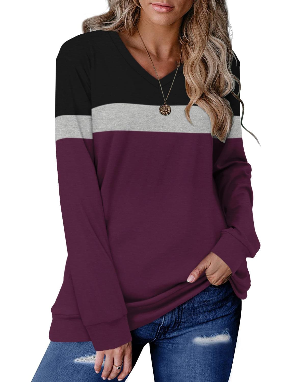 KISSMODA Womens Sweatshirts Long Sleeve V Neck Pullover Casual Loose Trendy Tunic Tops Fall Jumpers Shirts