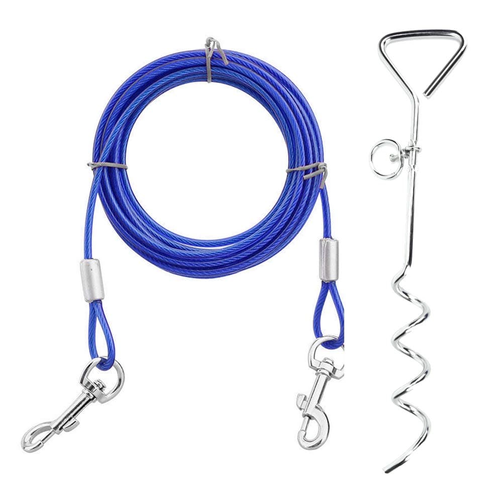 Yctze Outdoor Pet Dog Spiral Ground Stake with Double Hook Design - Steel Wire Traction Chain for Large Dogs - Blue Ground Stake Set (Dog Stake + Steel Trumpet)