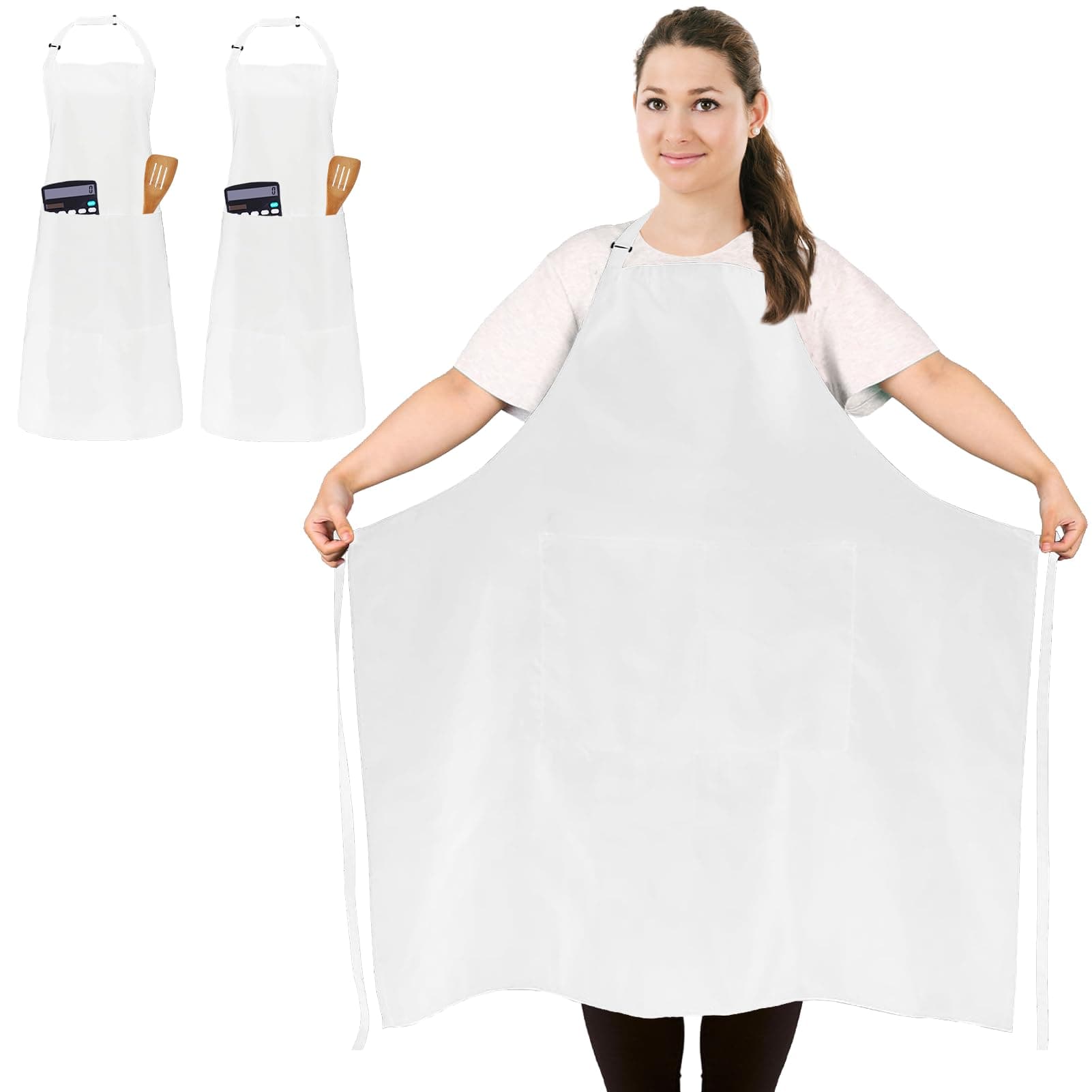 2 Pack Plus Size Waterproof Chef Apron with 2 Pockets for Men Women, White