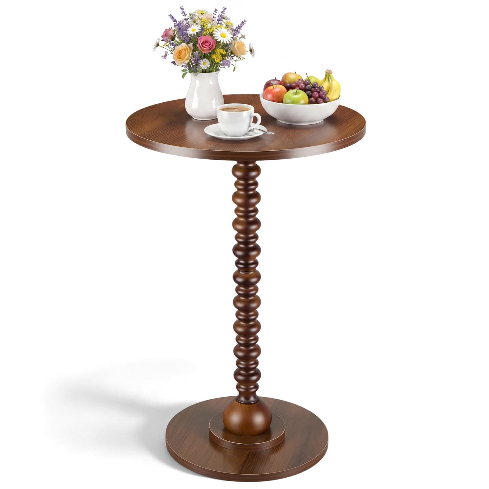 Novabright 15.7'' Round Side Table Small Drink Table for Small Spaces Modern Accent End Nightstand with Spindle Design Leg for Living Room Turned Solid Wood Side 24'' Height(Brown)
