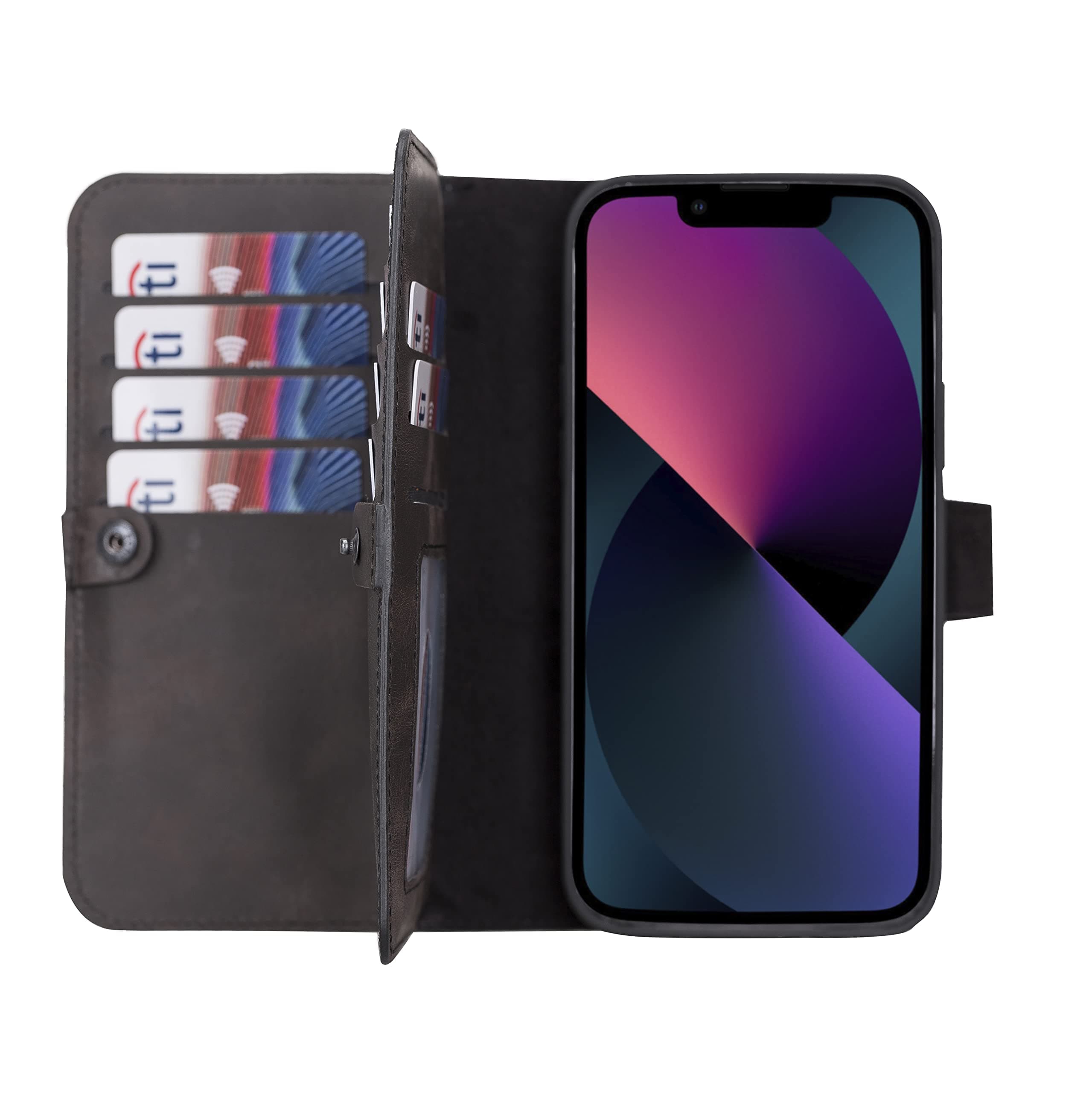 HARDISTON Genuine Premium Leather Handmade Wallet Case for iPhone 13 Pro - Double Folio Card Holders - Detachable Magnetic Flip Cover - Horizontal Kickstand - Protection for All Edges (Black)