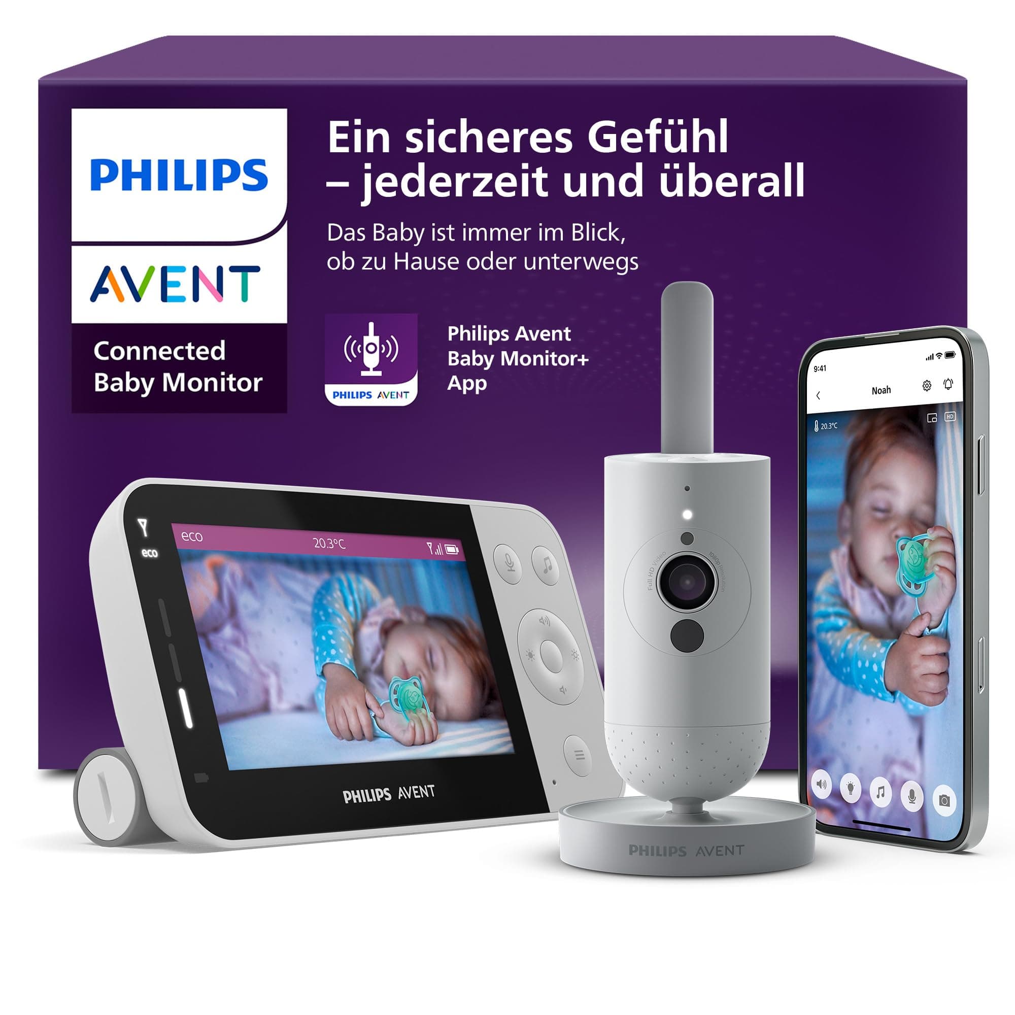 Philips AVENT Connected Babyphone mit Kamera und WLAN, hochwertiger HD-Kamera, Infrarot-Nachtsichtfunktion, Schrei-Erkennung, Gegensprechfunktion, DEKRA Zertifiziert privat und sicher, SCD951/26