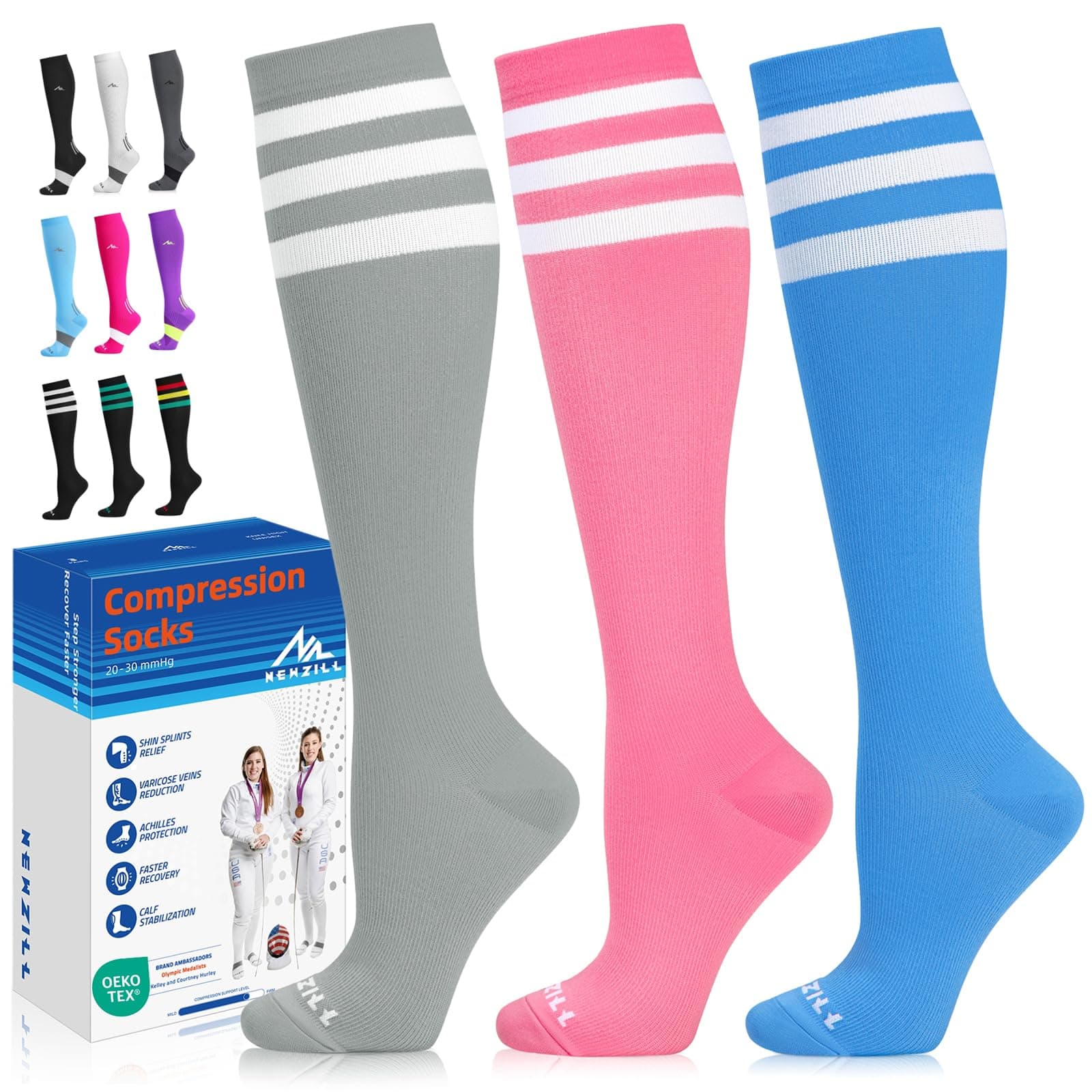 NEWZILL Medical Compression Socks for Women & Men, 20-30 mmHg Knee-High Support for Circulation, All-Day Comfort for Work Travel Running Cycling and Fitness (3-Pairs, Gray/Pink/Blue, L/XL)