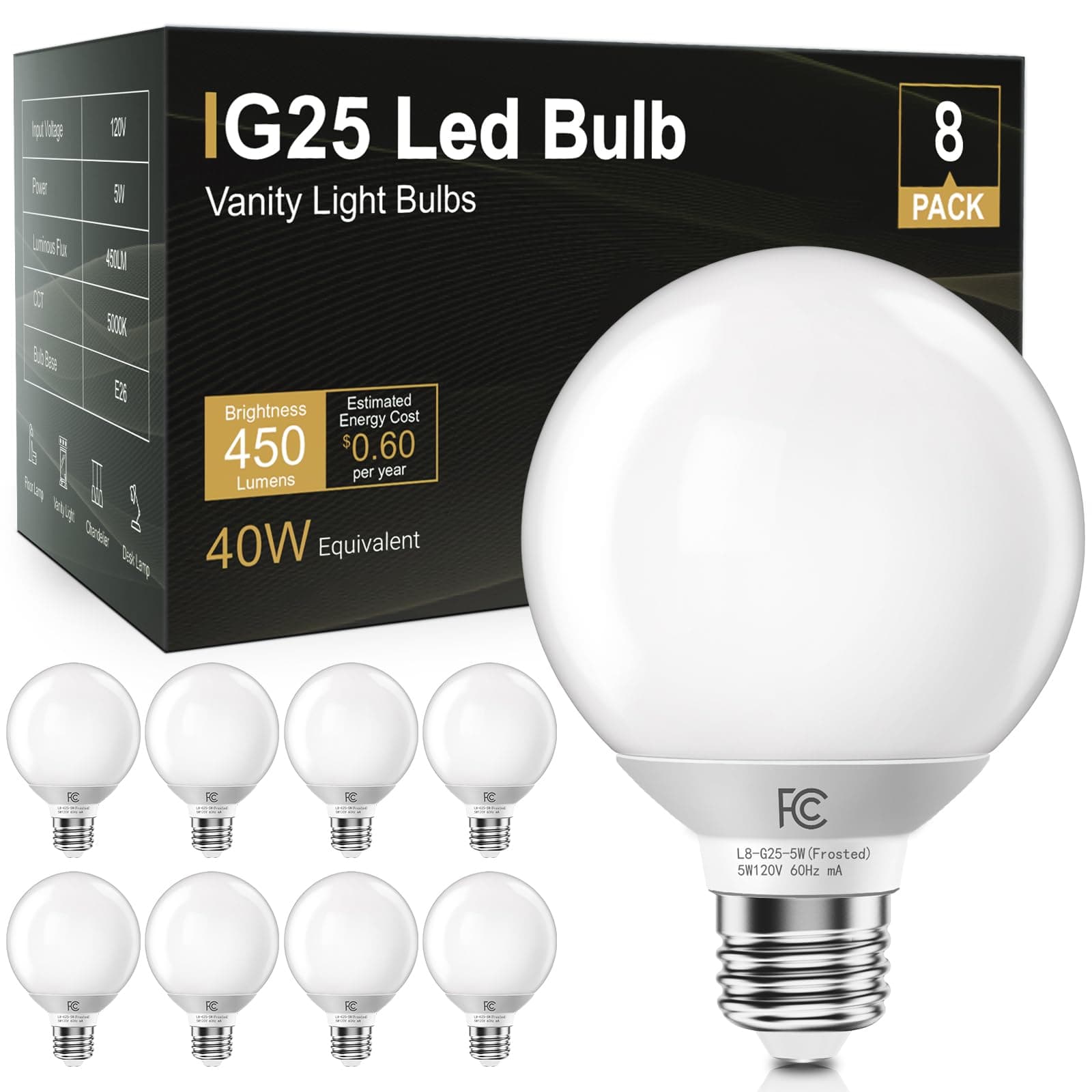 TJOY G25 LED Globe Light Bulbs, Vanity Light Bulb for Bathroom 40W Equivalent, 5000K Daylight White E26 Base, Round Decorative Bulb for Vanity Makeup Mirror, CRI85+, 450LM, Non-Dimmable, UL, 8 Pack