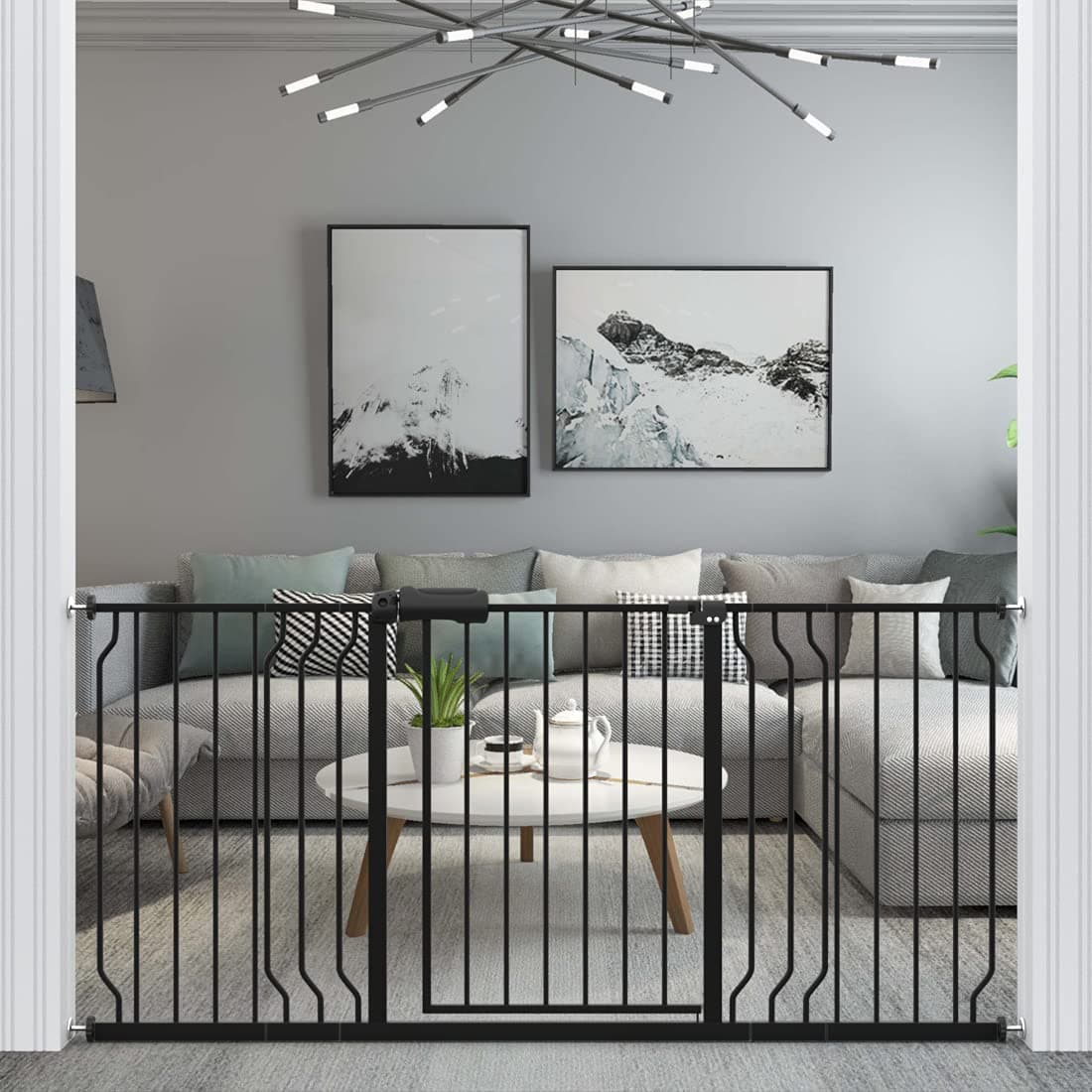 WAOWAO Baby Gate 66.93-71.65inch Extra Wide Pressure Mounted 67 68 69 70 71 Inches Walk Through Swing Auto Close Safety Black Metal Toddler Kids Child Dog Pet Puppy Cat for Stairs, Doorways, Kitchen