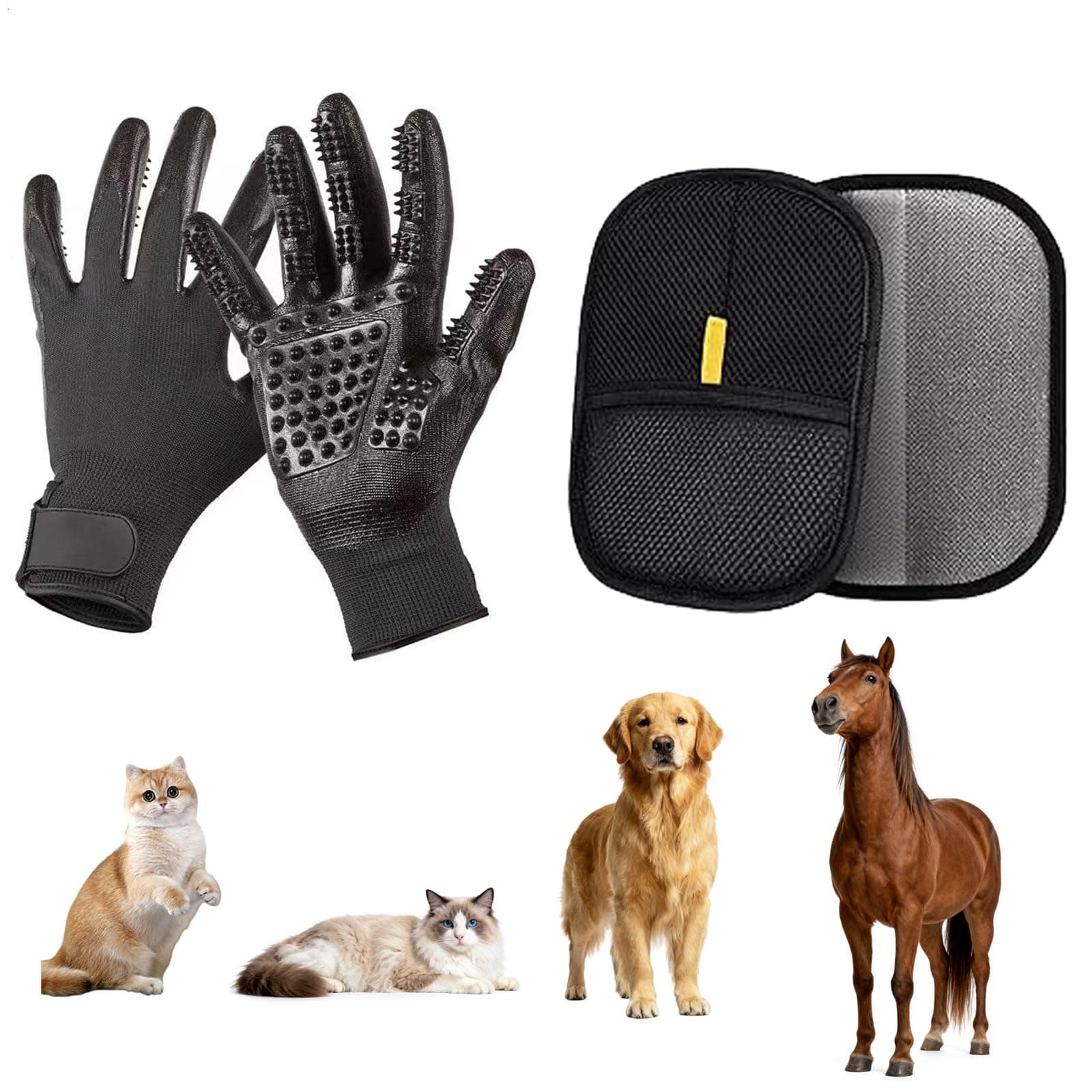 KOBIART Pet Grooming Gloves - Efficient Pet Hair Remover & Massager for Dogs, Cats, Horses, Gentle Deshedding Glove with Enhanced Rubber Bristles, 1 Pair Glove and 1 Pair Brush (Black)