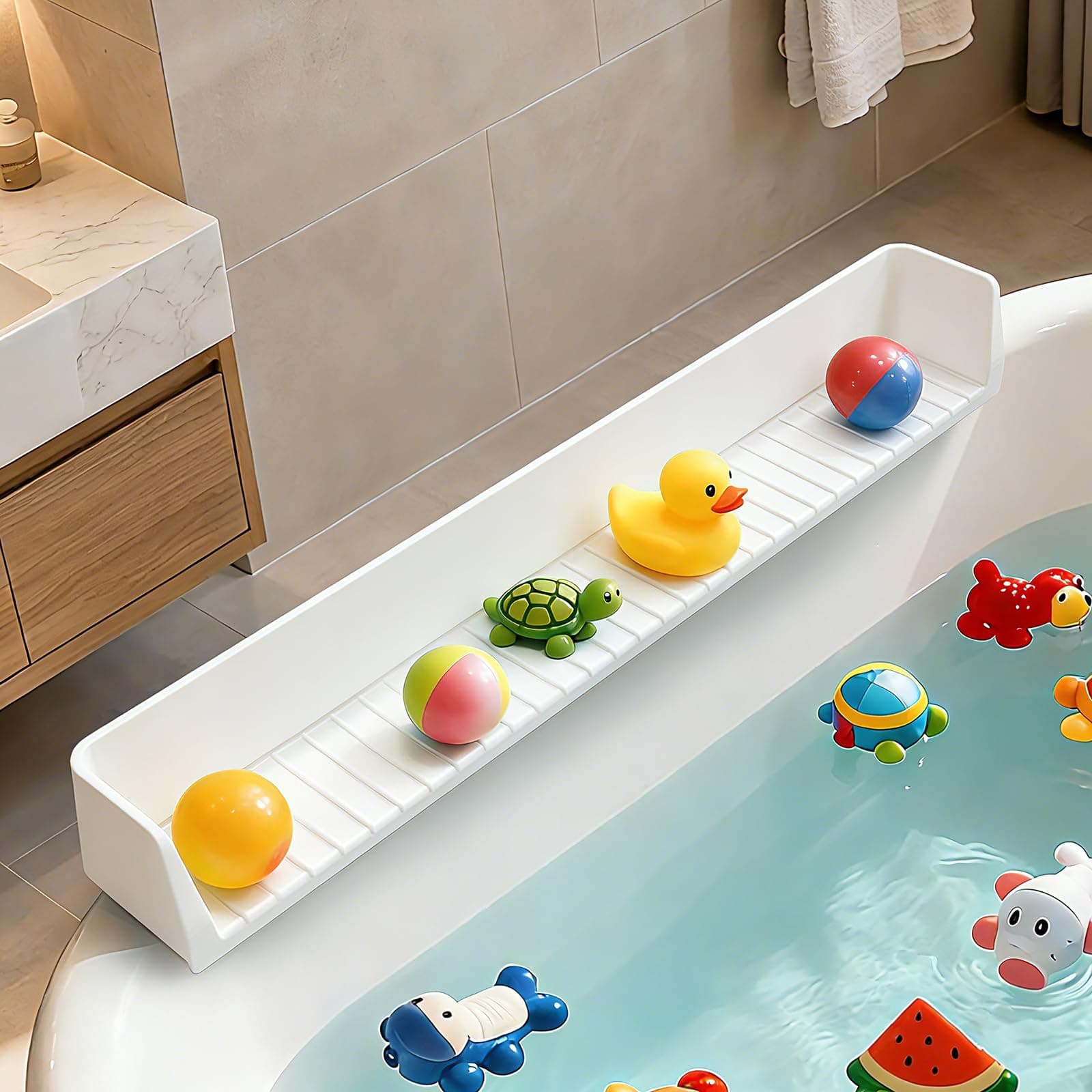 LuxDuo Bathtub Splash Guard for Tub Kids, 31” Longer Silicone Water Splash Guard for Bathtub,Play Shelf for Bathing with 11 Strong Suction Cups,Prevents Water Spills in Bathroom (White)