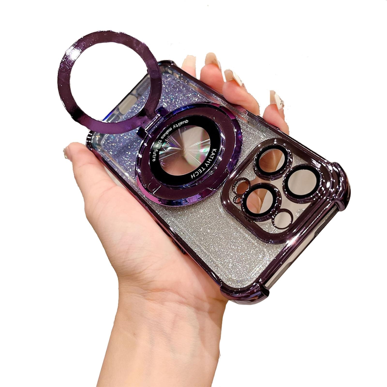 Loodion for iPhone Case for iPhone 16/15/14/13/12 Pro Max,Four Corners Anti-Drop Magnetic Bracket Case Cover with Camera Lens Protector (Purple(Shiny),for iPhone16Plus)