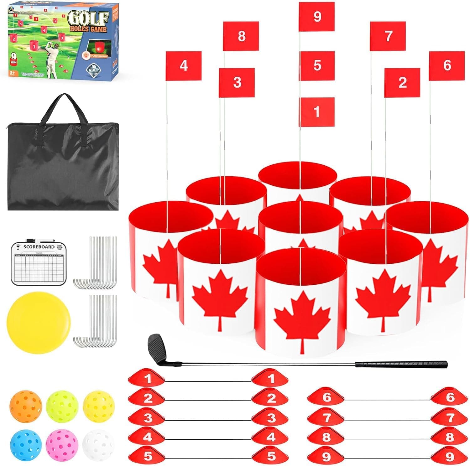 Golf Game Set with 9 Bucket, AONESY Maple Leaf Golf Game Bucket with Markers Balls Flying disc Scoreboard, Outdoor Course 9 Holes Backyard for Adult Kids