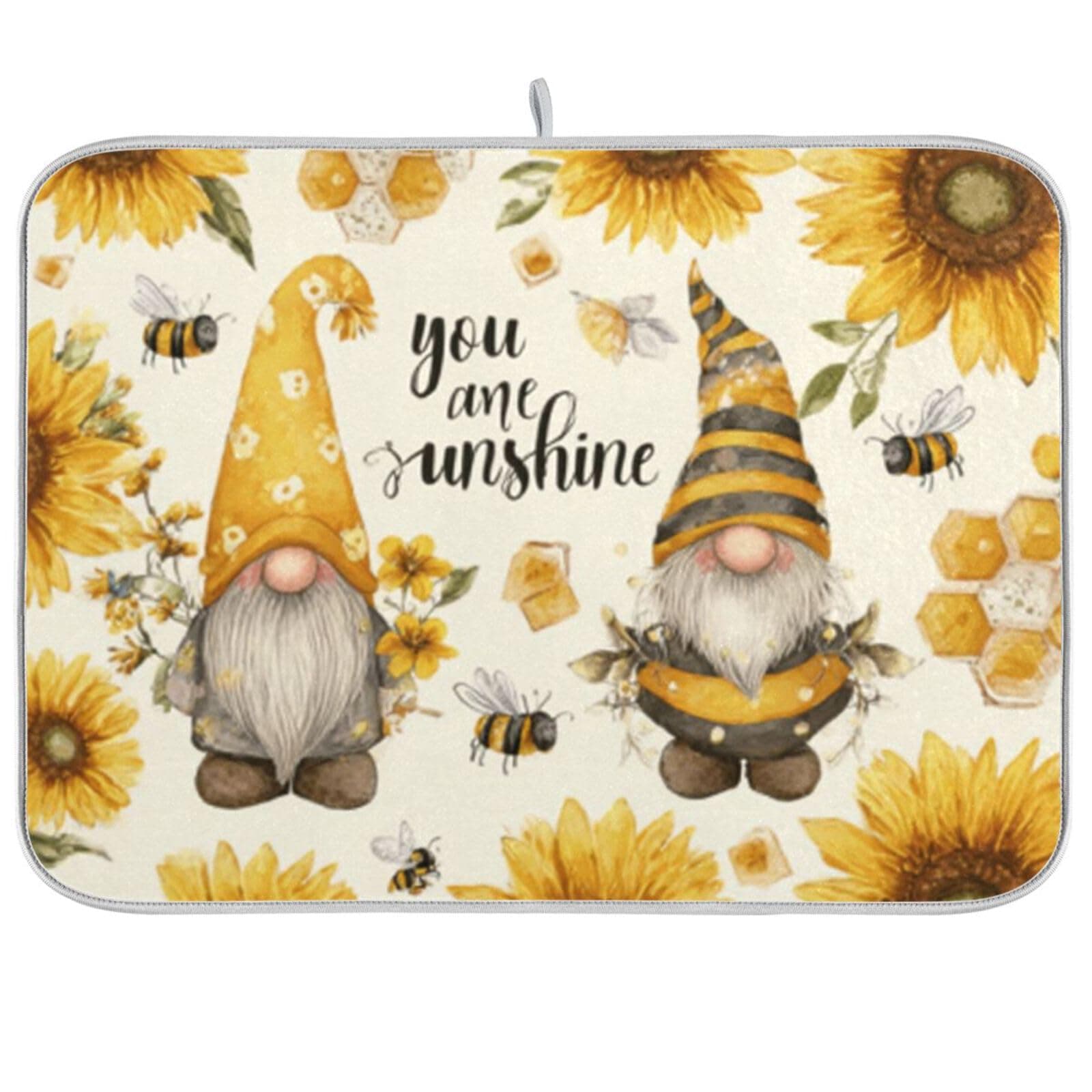 Kcldeci Gnomes Sunflower Bees Dish Drying Mat Kitchen Counter Mat Draining Mat Kitchen Accessories Dish Rack Pad for Dishes, Utensils, Countertops, Sinks 18x24in