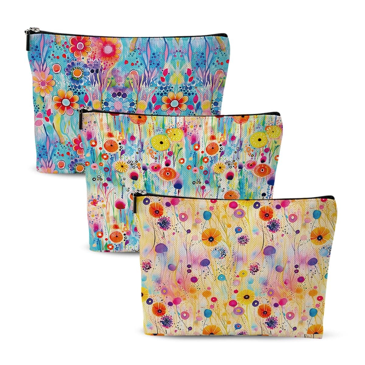 Chenyoumaoyi 3pcs Cosmetic Bags for Women Makeup Bag, Christmas Birthday Friendship Gifts for Women Girls Travel Toiletry Bag, Watercolor Flower 3, 9.8″W x 7″H