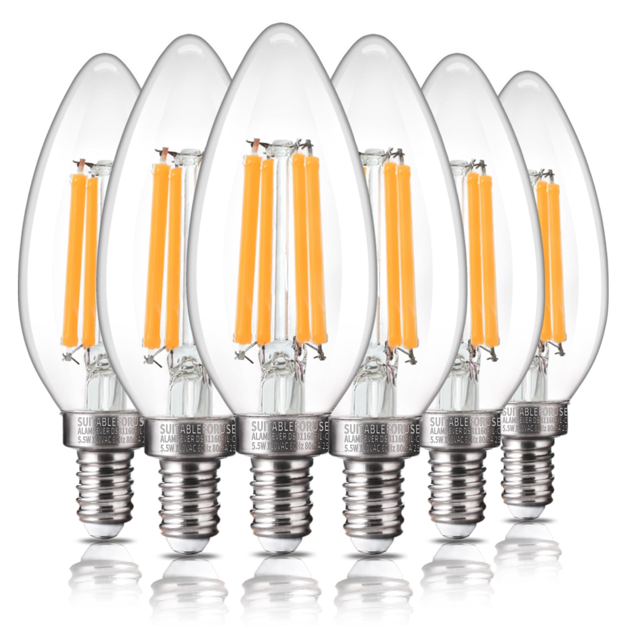 ALAMPEVER E12 LED Bulb 100 Watt Equivalent, 800LM Super Bright Dimmable LED Light Bulb, B11 2700K Soft White LED Candelabra Bulb, 5.5W, 6 Pack
