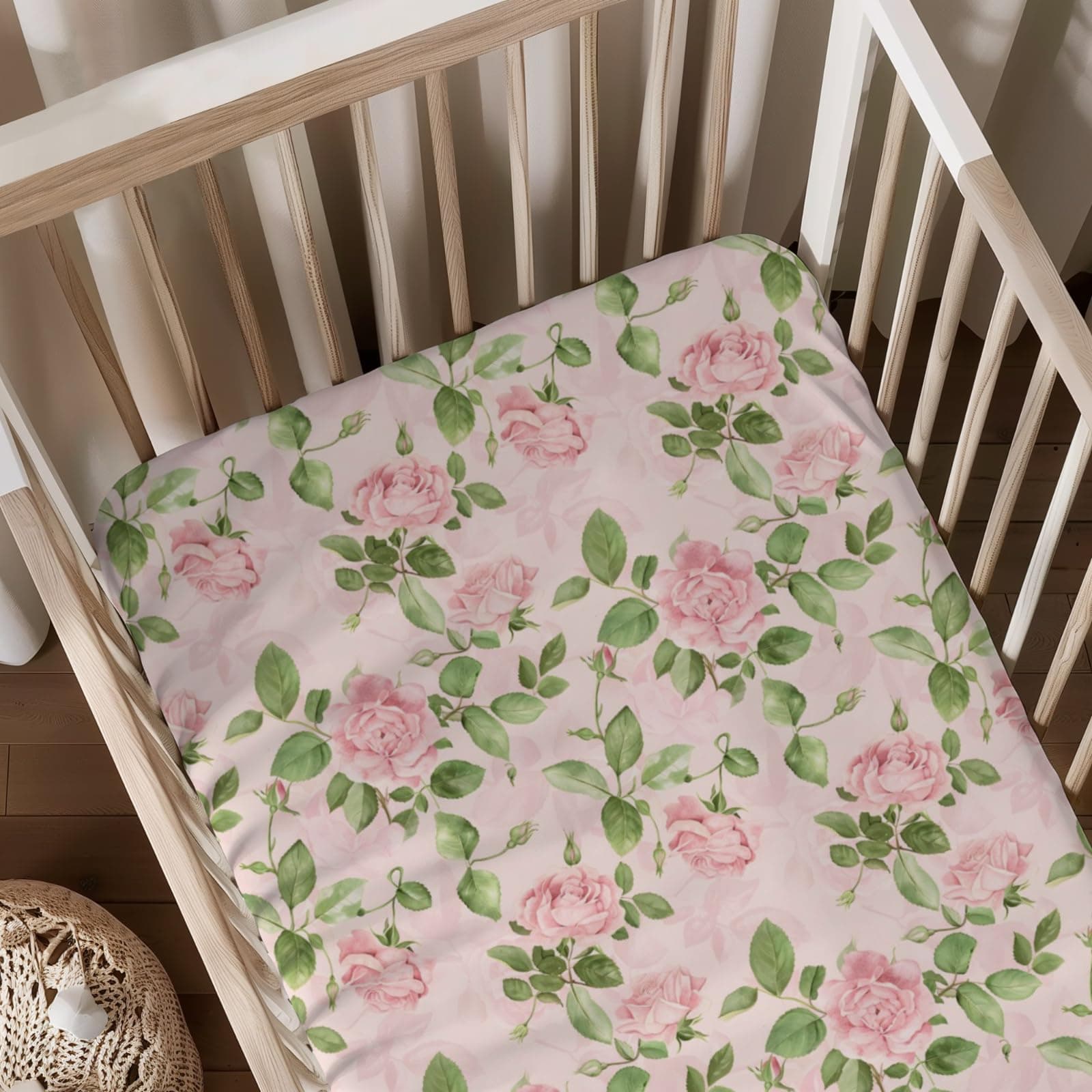 Watercolor Roses Leaves Pattern Baby Sheets for Crib, Unisex Spring Summer Floral Nursery Fitted Bed Sheet for Boys Girls Standard Crib and Toddler Mattress-28x52