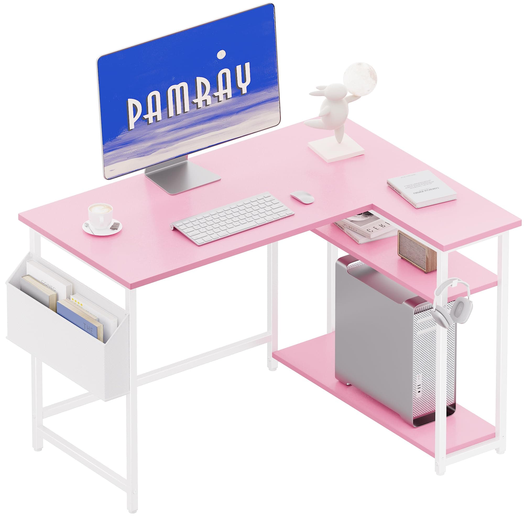 Pamray 40 Inch L Shaped Computer Desk with Reversible Side Storage Shelves, Small Corner Desk for Small Space Home Office, Writing Study Table PC Desk for Bedroom, Pink