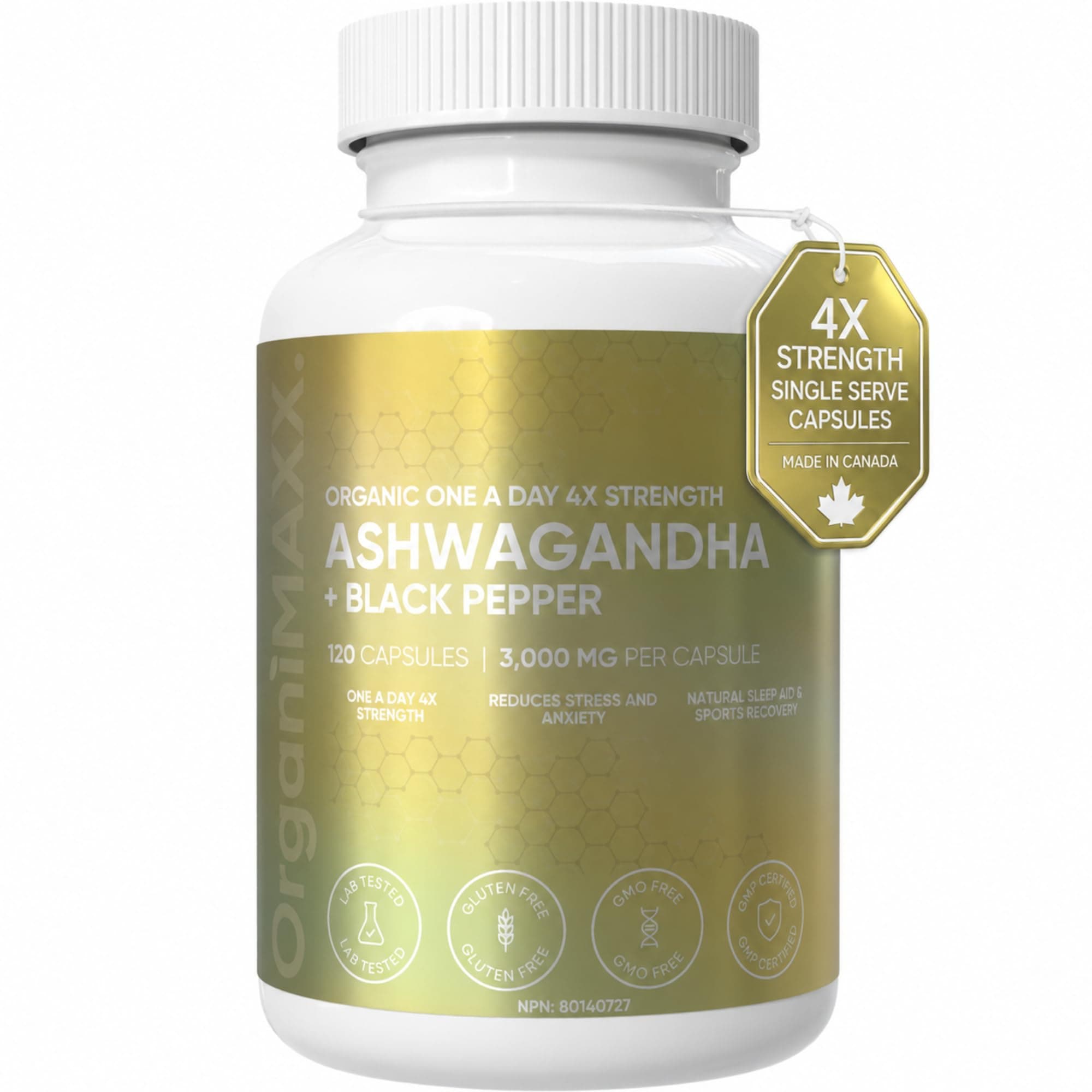 4X Strength Organic Ashwagandha Supplement 3,000mg PER SINGLE CAPSULE, 120 Capsules Per Bottle Ashwagandha With Black Pepper For Enhanced Absorption. Made In Canada, Vegan, Gluten Free & Non-GMO