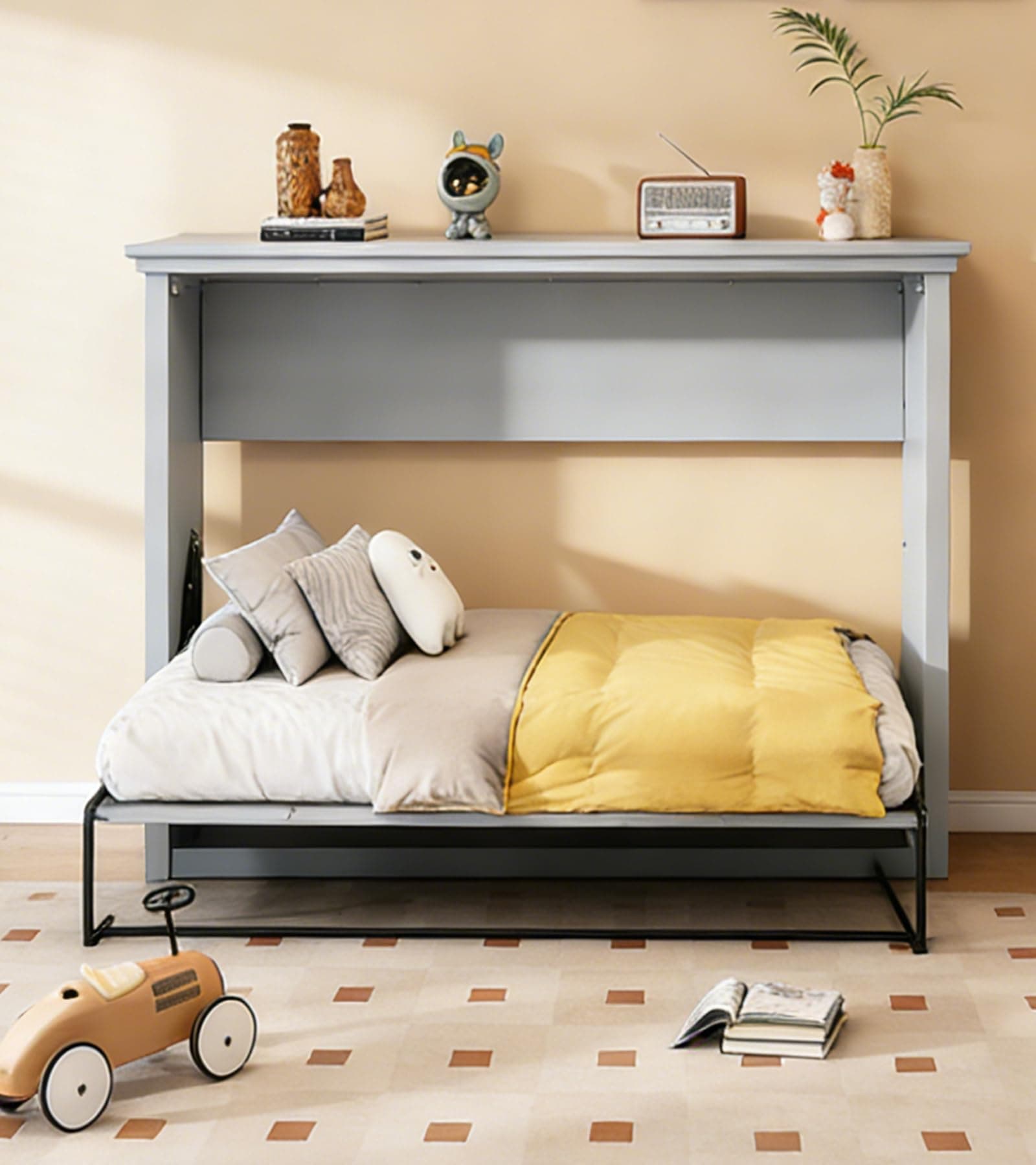 HIROHRTV Modern Twin Size Murphy Bed Cabinet, Wood Wall Bed with Foldable Base, Space Saving Multi-Purpose for Home Office & Guest Room, Sturdy Hidden, Grey