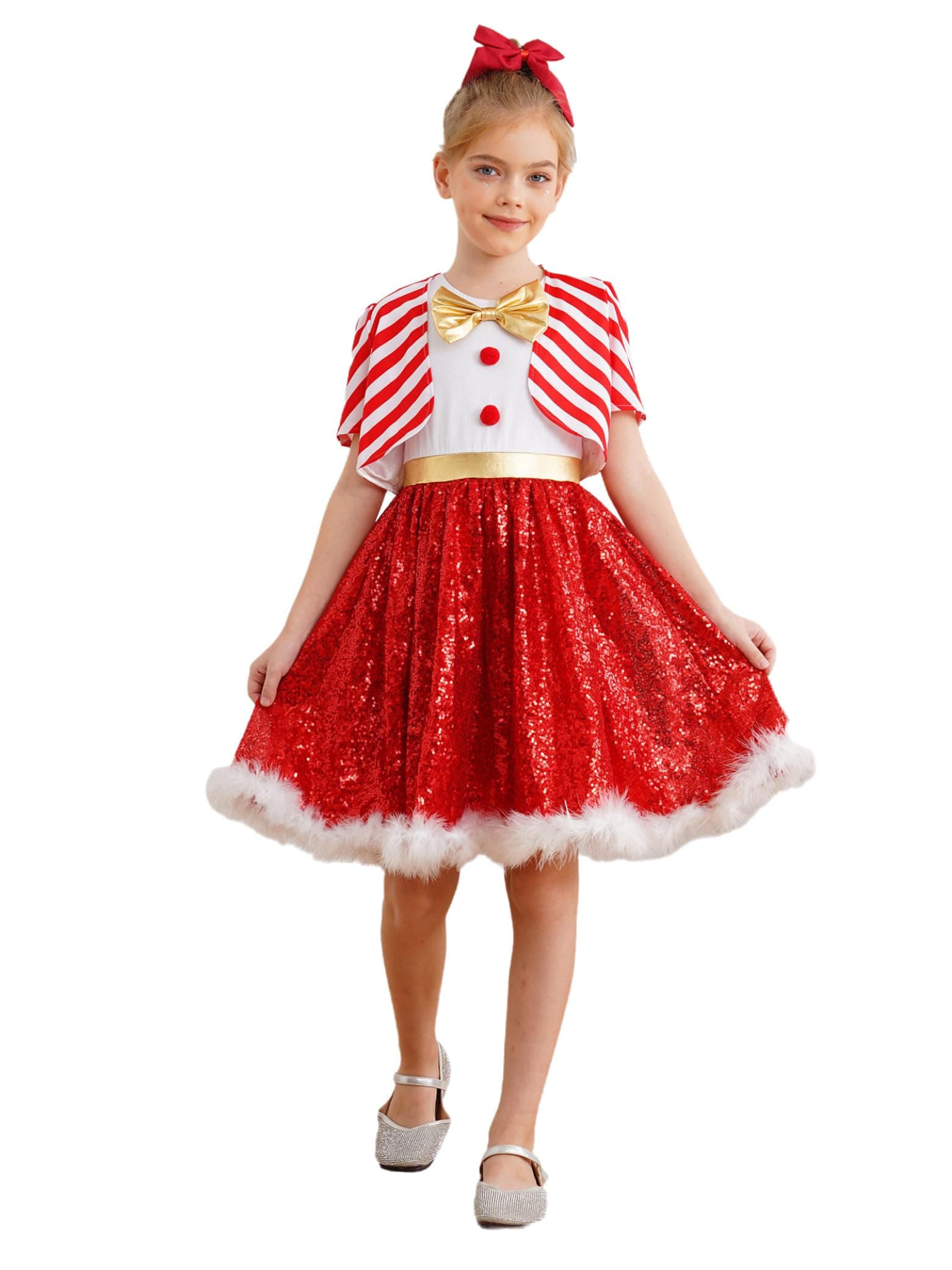 Sxiwei Kids Girls Christmas Dance Costumes Candy Cane Stripe Santa Vest with Sequins Dance Dress Set Red 14 Years