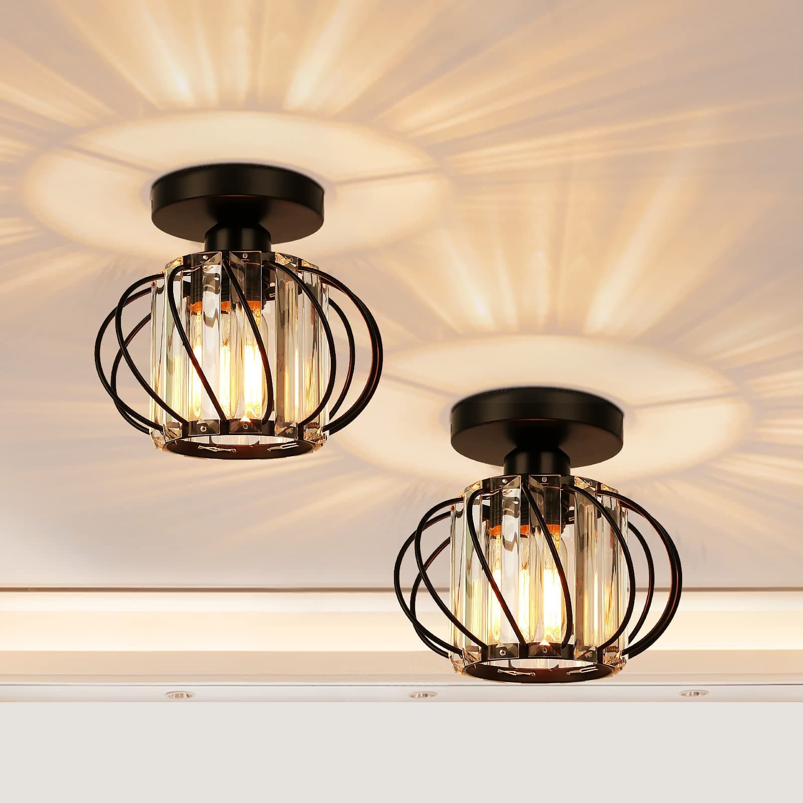 Black Crystal Ceiling Light Fixture - Crystal Chandelier Small Semi Flush Mount Ceiling Light Modern Lights Ceiling Mount for Hallway Kitchen Entryway Bedroom Bathroom (2 Pack, 7.48 Inch)