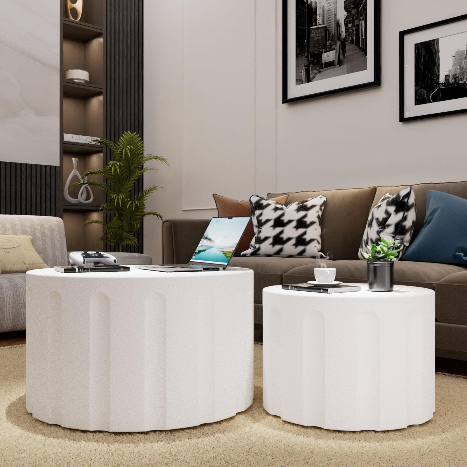 Modern Wooden Nesting Coffee Tables, Round Nesting Coffee Table Set of 2, Circle Side Tables Set Small End Table for Living Room, No Assembly Required (White)