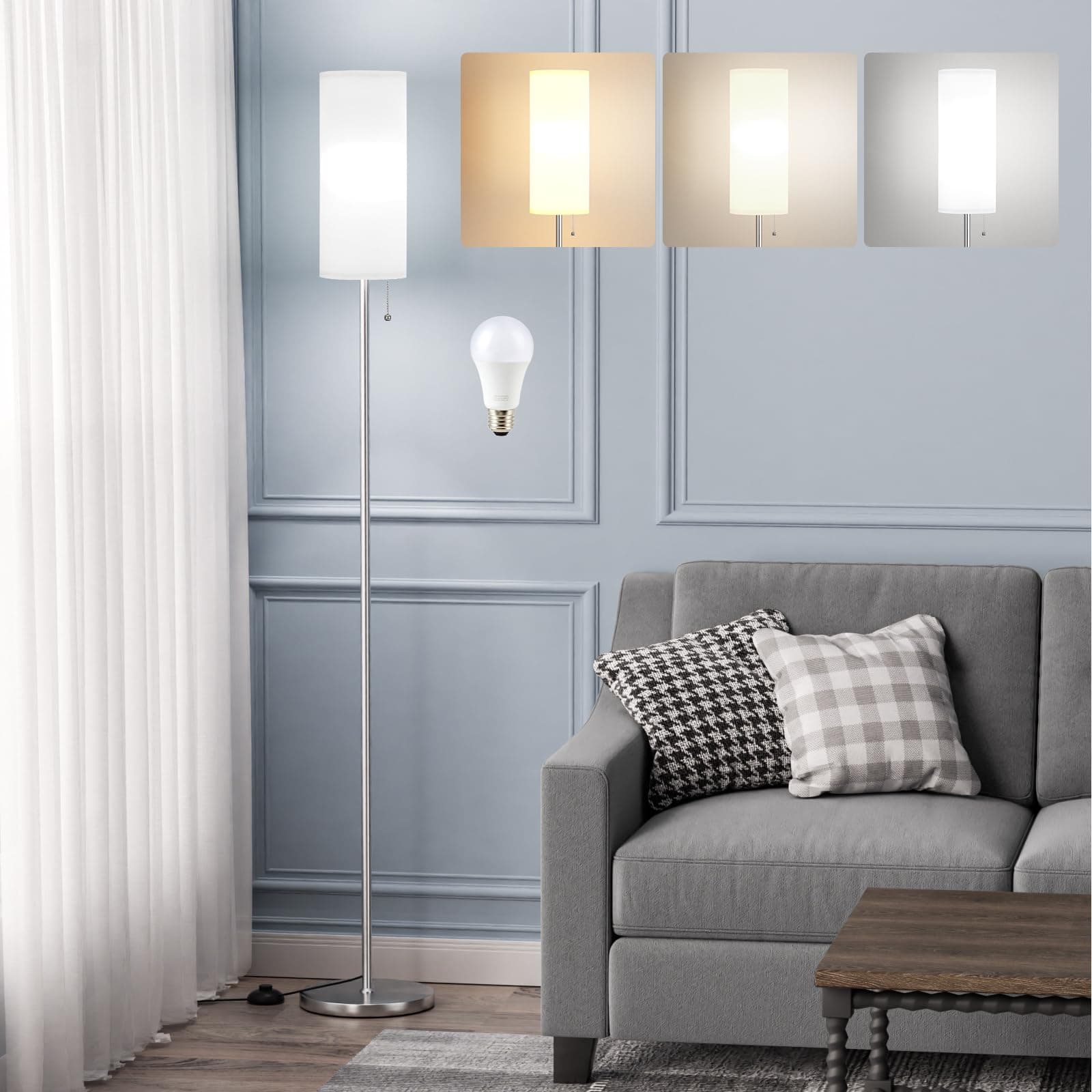 Ambimall Floor Lamps for Living Room with Bulb, 3 Color Temperature, Sliver