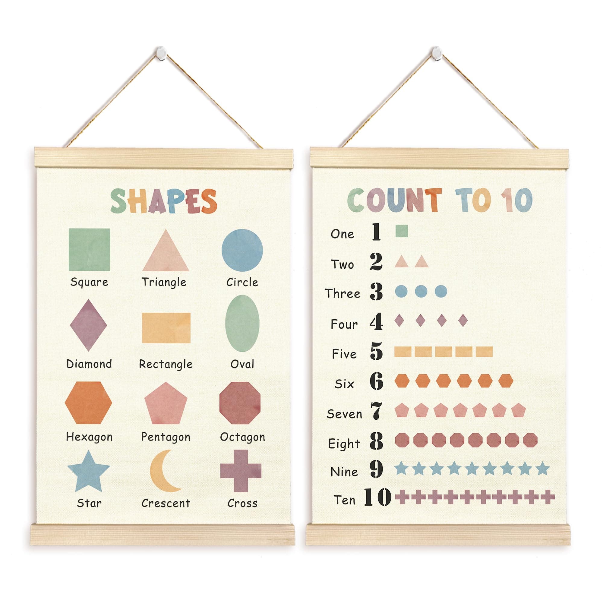 TAEDIN Numbers Shapes Wall Art Poster Hanger Frame Set of 2 - Nursery Kids Playroom Wall Decor with Wood Frames, Educational Flag Decor for Toddler Playroom Nursery, 16x24 Inches