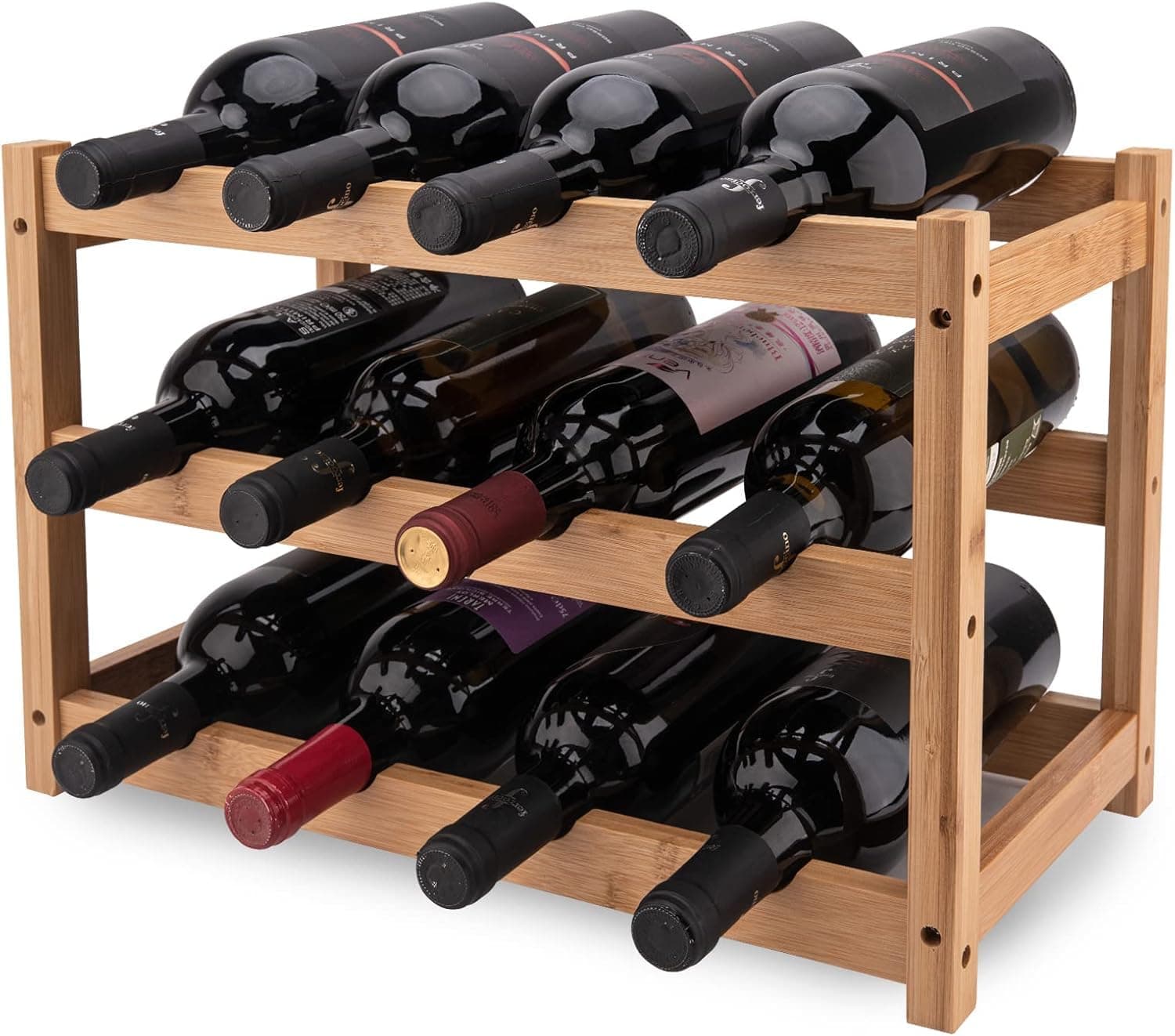 LEIMO KPARTS 12 Bottle Bamboo Wine Rack Countertop,3-Tier Wine Rack Shelf Insert for Cabinet,Wine Bottle Storage Shelf