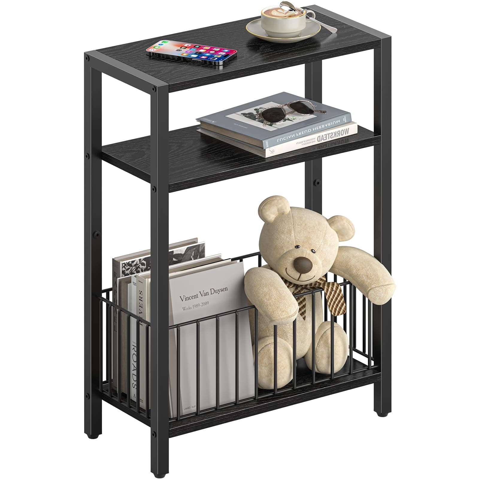 Yoobure Narrow Side Table with Storage Basket, Small End Table for Small Spaces, Skinny Side Tables Living Room Bedroom Office, Slim Nightstand 3 Tier Bedside Table Space-Saving for Magazine, Black