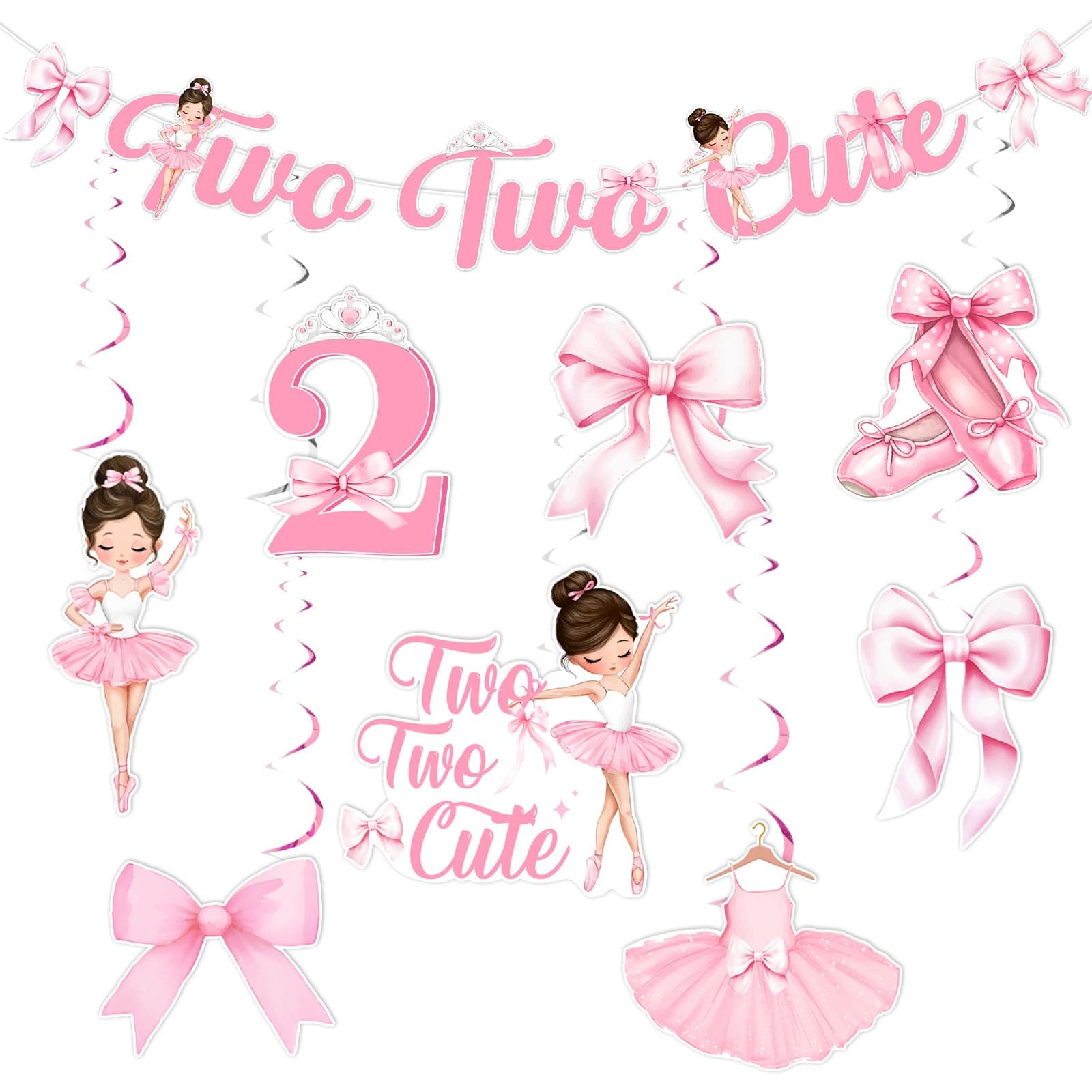 SHADOAMP Tutu Cute 2nd Birthday Decoration Girl, Pink Ballerina Themed Birthday Banner Hanging Swirls for Girls Dancing Ballet Themed Two TuTu Cute 2nd Bday Party Decorations Supplies