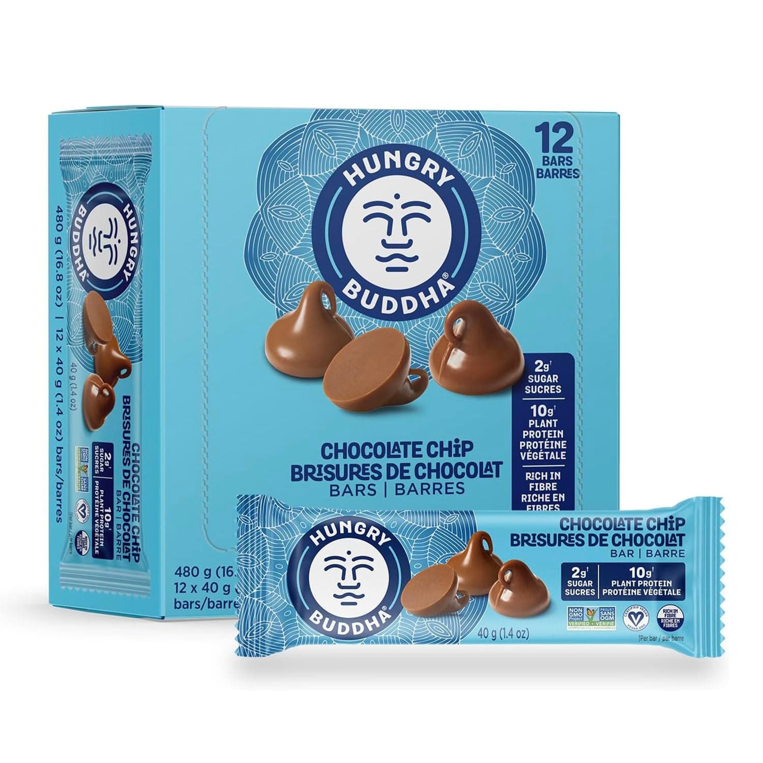 HUNGRY BUDDHA Plant-Based Protein Bars, Low Sugar, High Energy Snack, Dairy-Free & Peanut-Free, Pack of 12, Chocolate Chip