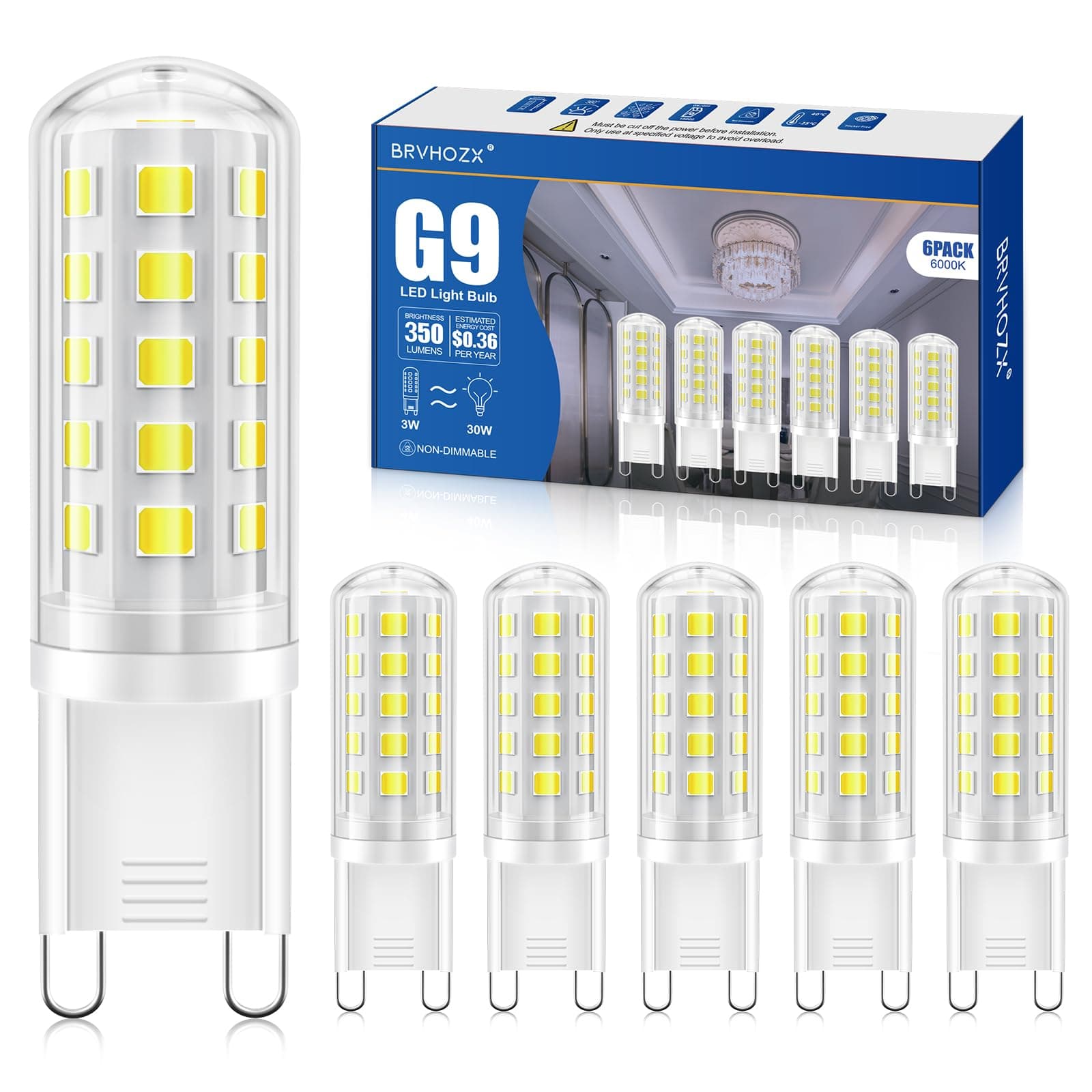 G9 LED Bulb 3W (30W-40W Halogen Equivalent) 6000K Daylight White (Cool White) 350LM, G9 Bi-Pin Base, No Flicker, Non-Dimmable, AC 120V, JCD Type T4 LED Bulbs for Modern Bright Lighting, 6-Pack