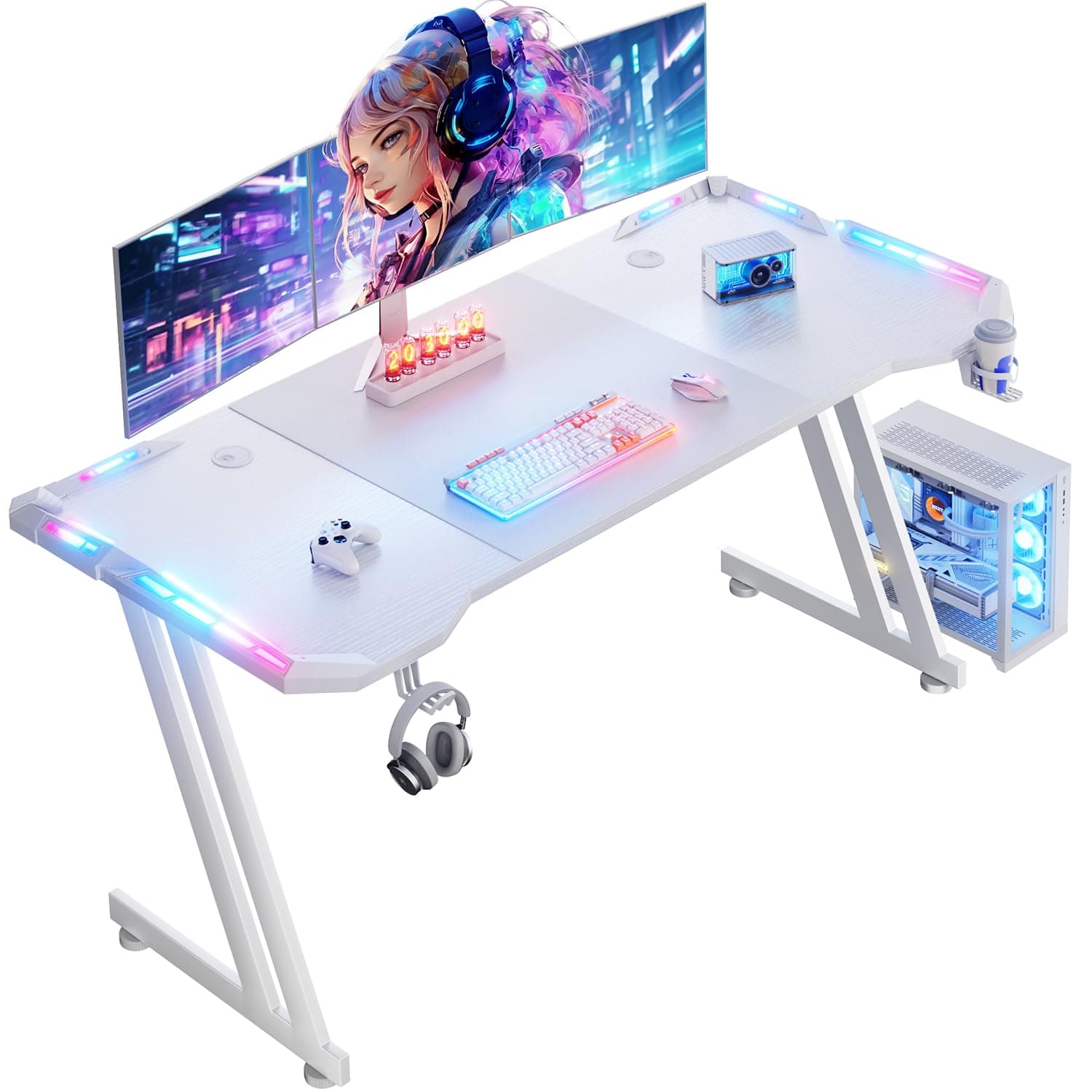 HLDIRECT 47 Inch Z Shaped Gaming Desk with LED Lights, Carbon Fiber Desktop (63IN)