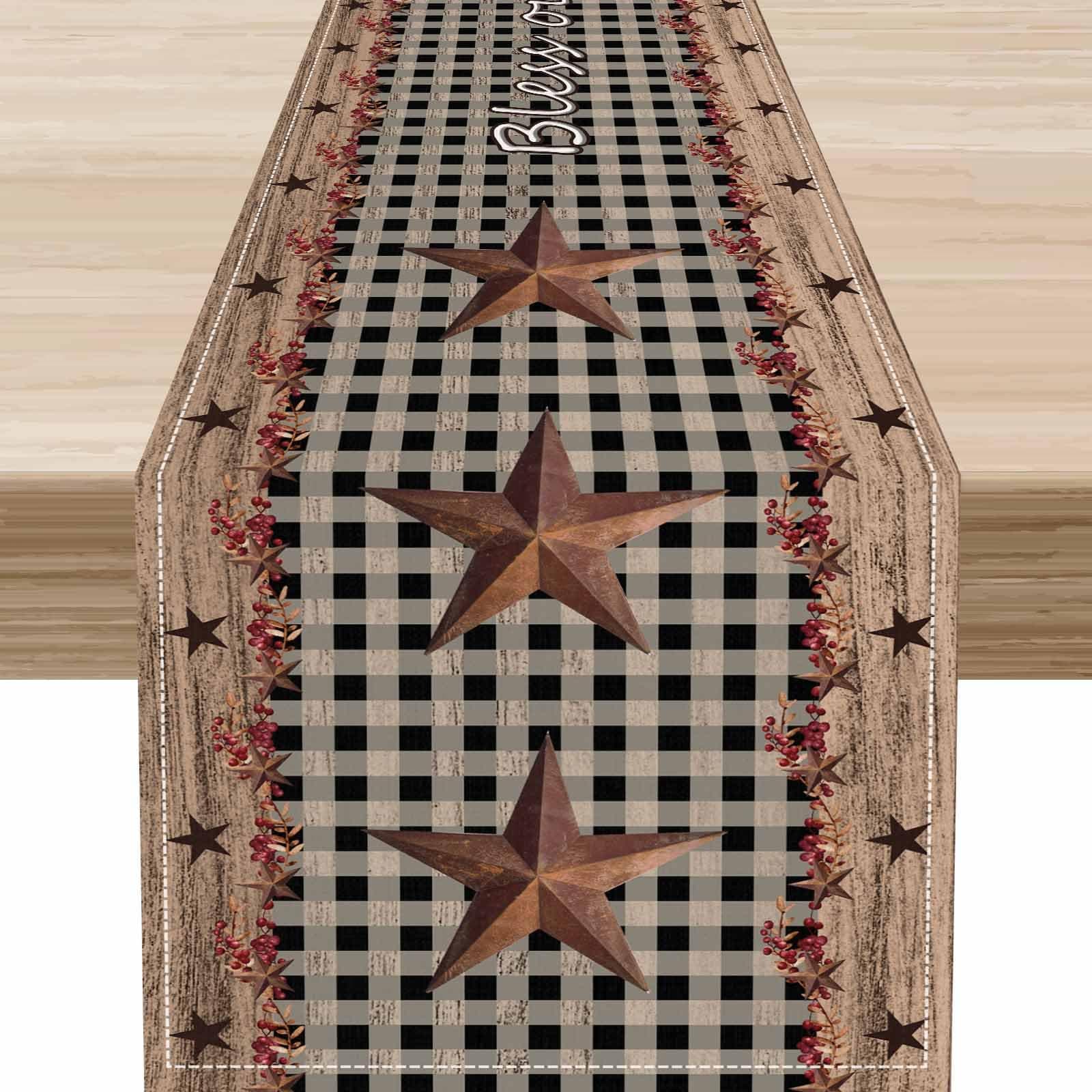 Farmhouse Table Runner,Rustic Barn Western Texas Star Berries Farmhouse Retro Cowboy Coffee Table Center Decor for Home Kitchen Dining Patio Holiday Party Table Decorations,13 x 90 Inches