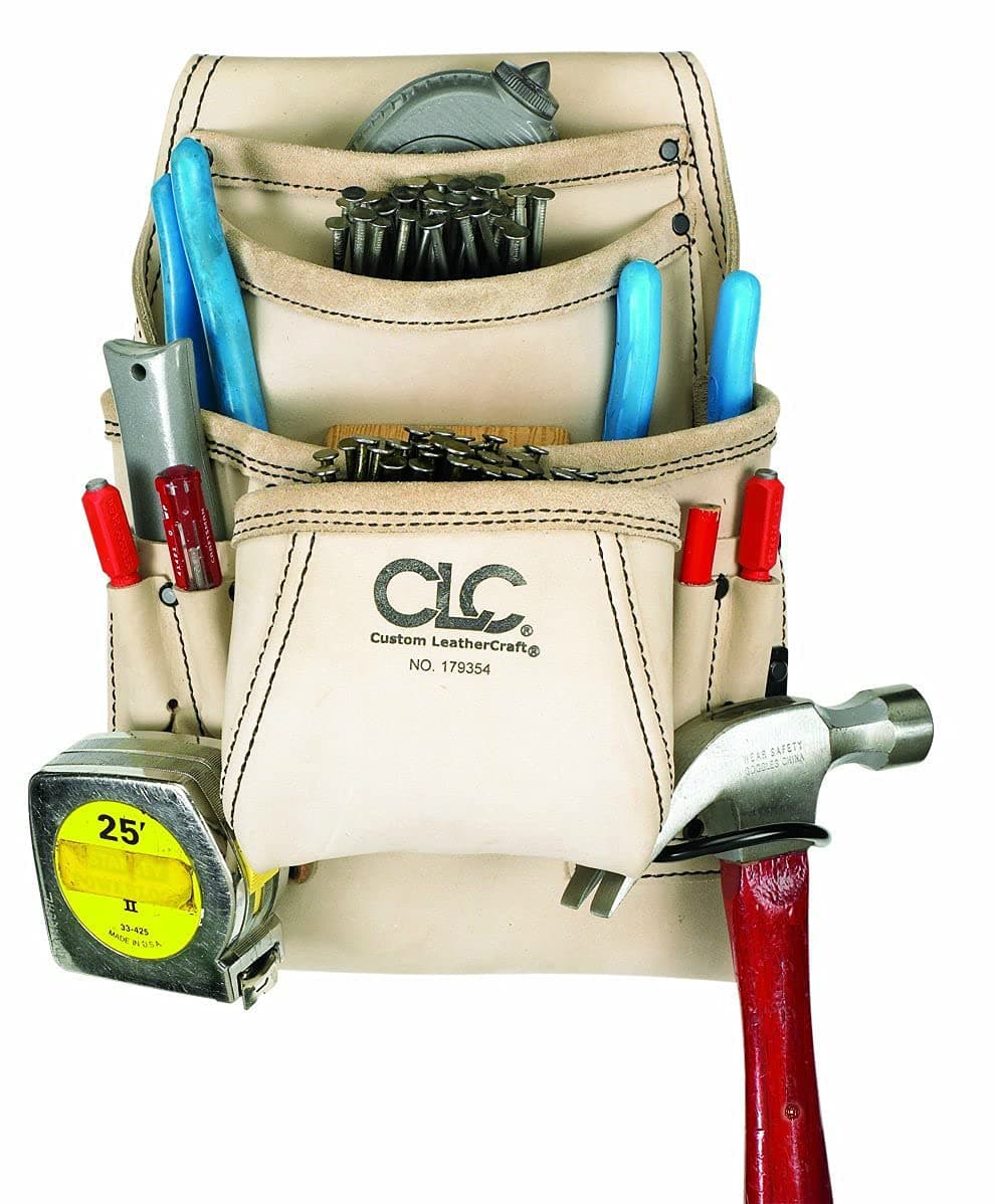 Custom Leathercraft 179354 Carpenter's Nail and Tool Bag Reversed Top Grain, 10-Pocket