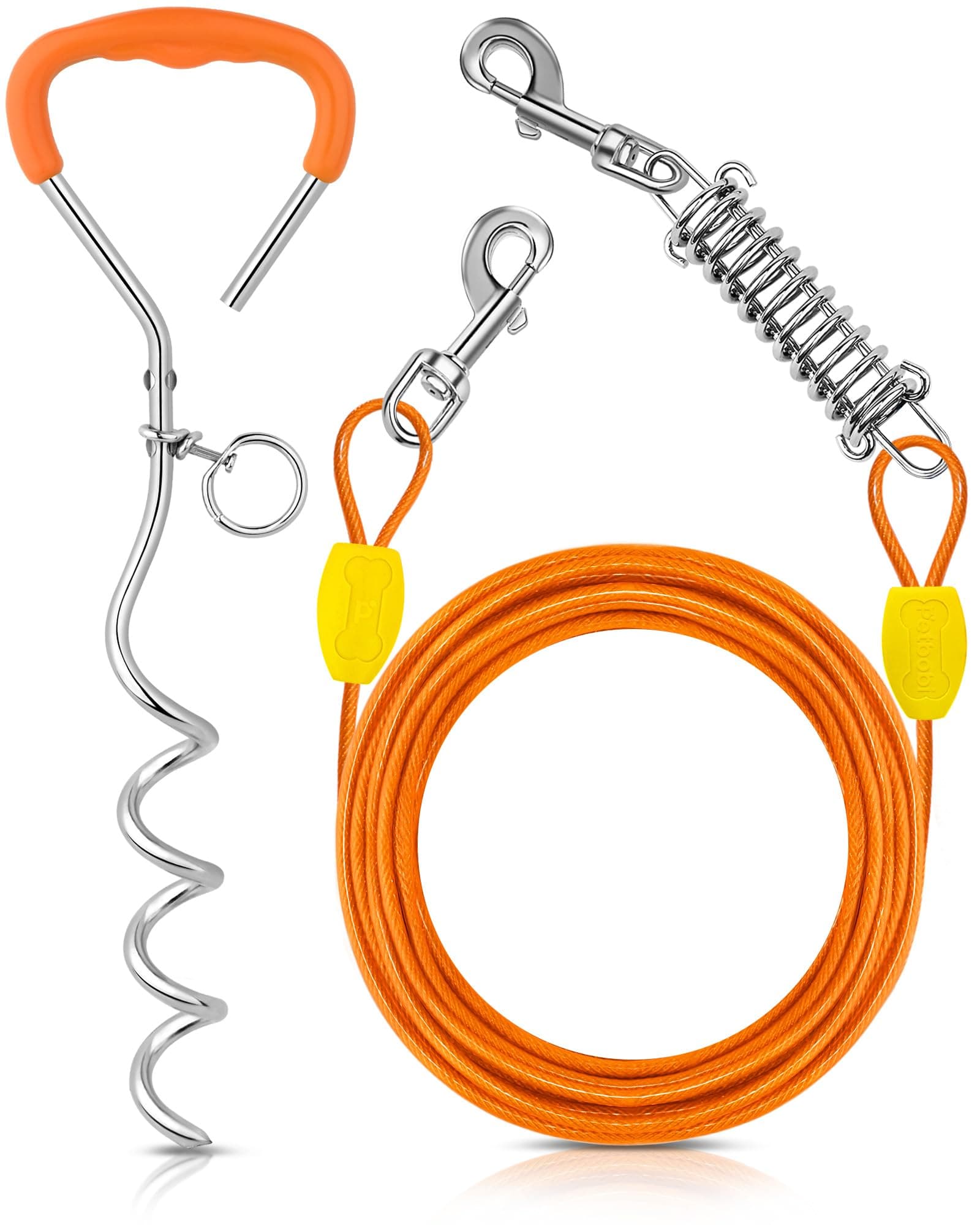 Petbobi Dog Tie-Out Cable and Stake - 20ft Heavy Duty Cable with Spring, No Tangle, 16in Ground Stake, Ideal for Yard, Camping and Beach, Suitable for Small Medium Large Dogs Up to 35 lbs, Silvery