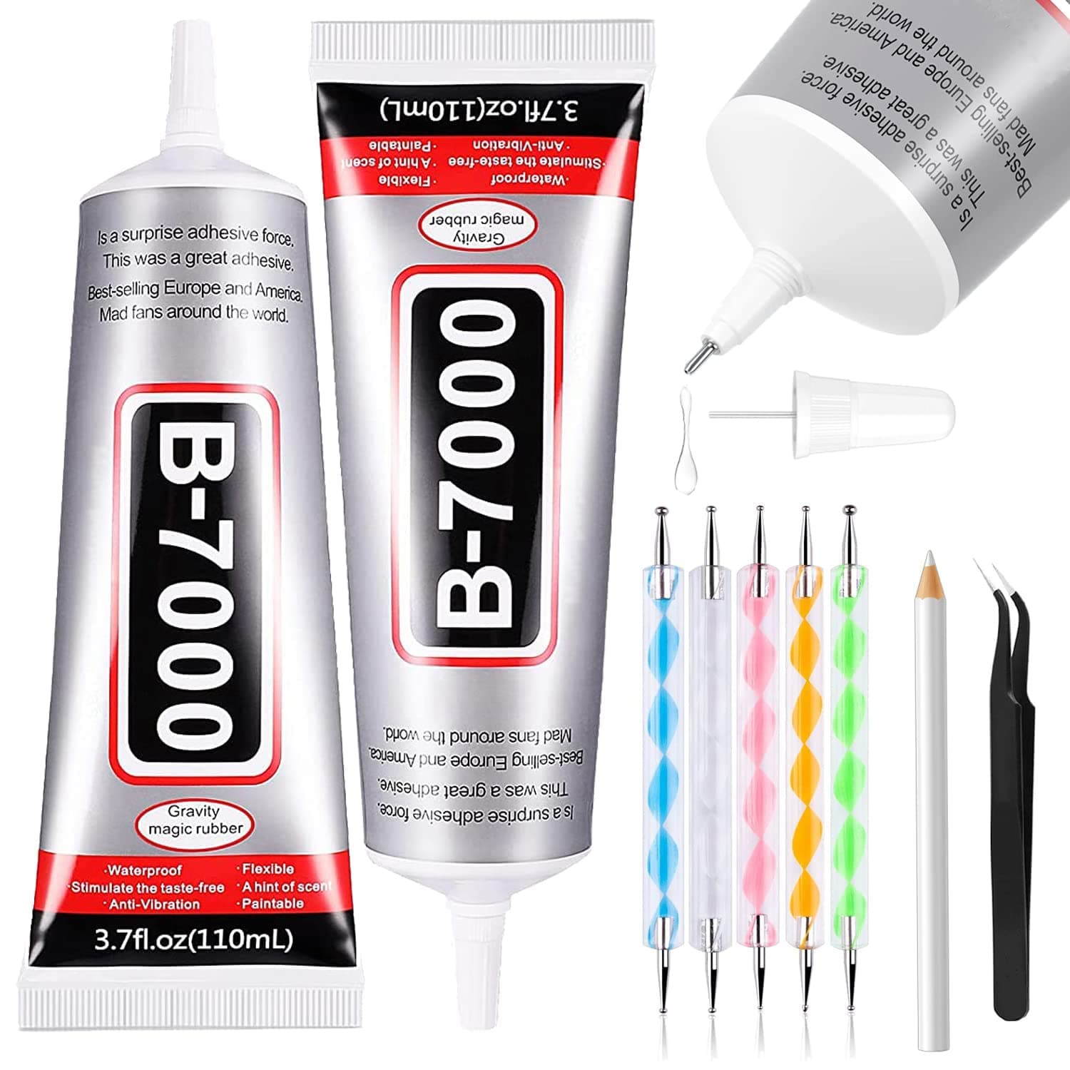 B7000 Adhesive for Crafts, 2PCS 110ml / 3.7 fl oz Clear Glue With 5 Dotting Pen Tool, Wax Pencil and Tweezer - Jewelry Adhesive for DIY Craft Makeup Shoes Jewelry Making Nail Art