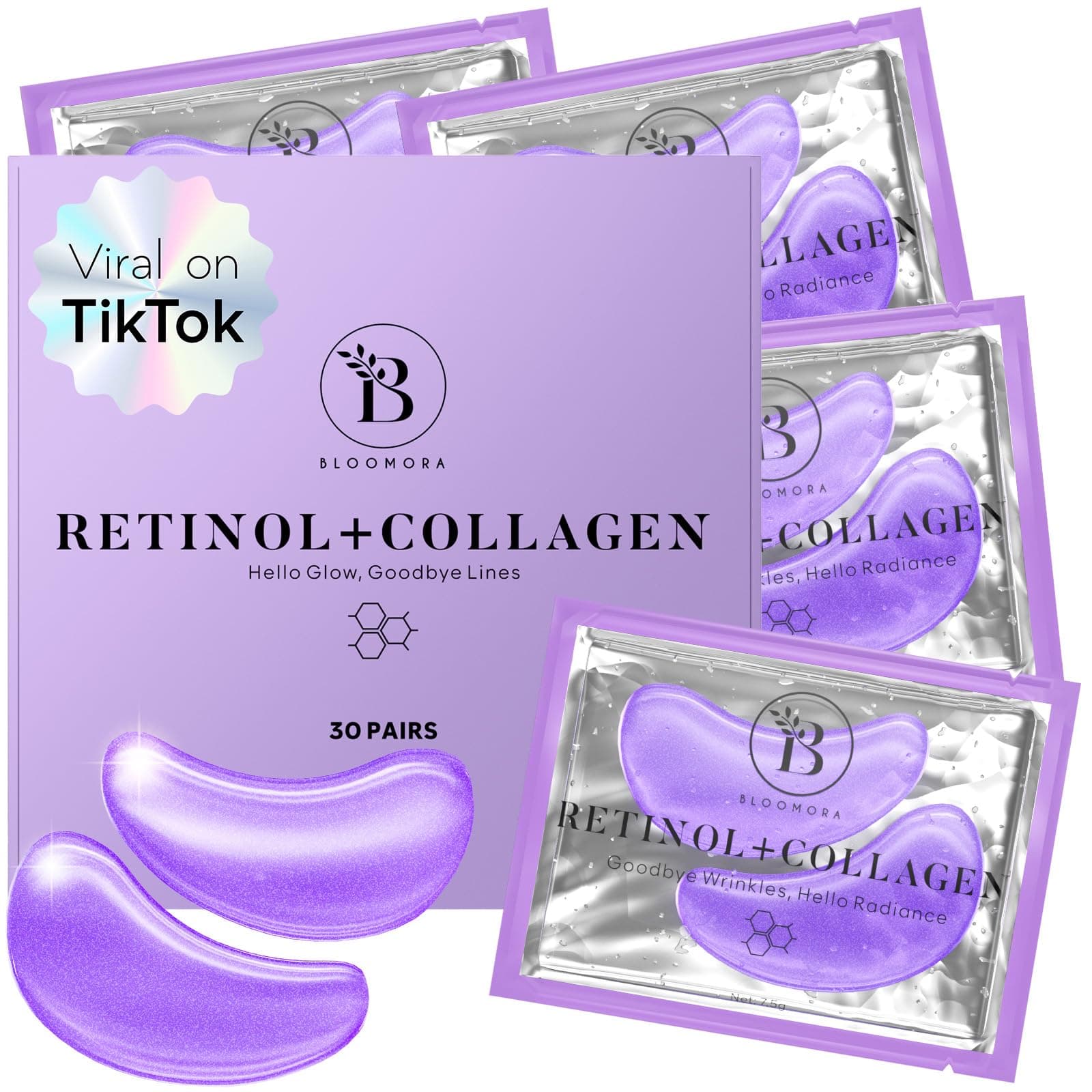 BLOOMORA Retinol & Collagen Under Eye Patches (30 Pairs) - Dark Circles & Puffy Eyes Care - Eye Care Mask