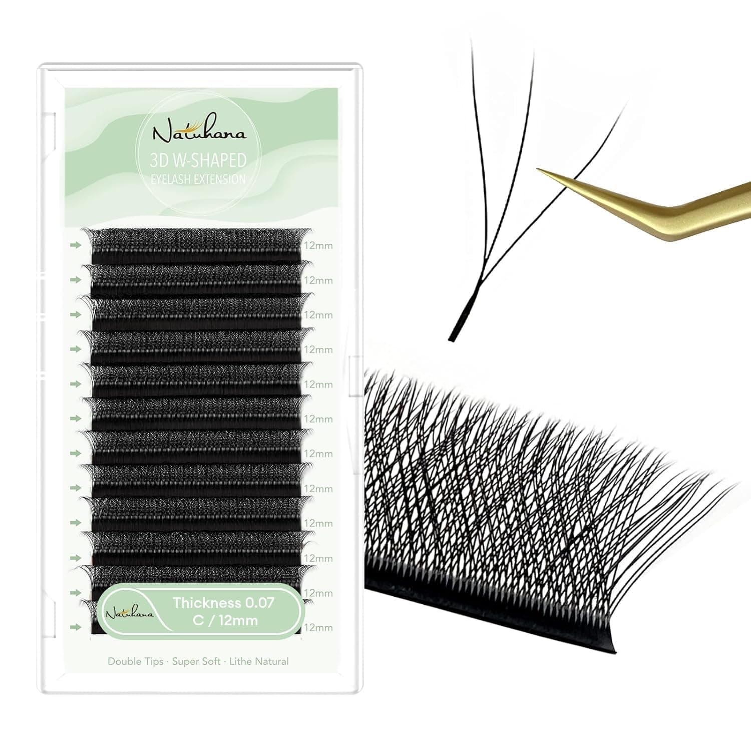 Natuhana 3D W Premade Fans Clover Lash Extensions 0.07 C Curl 12mm Black