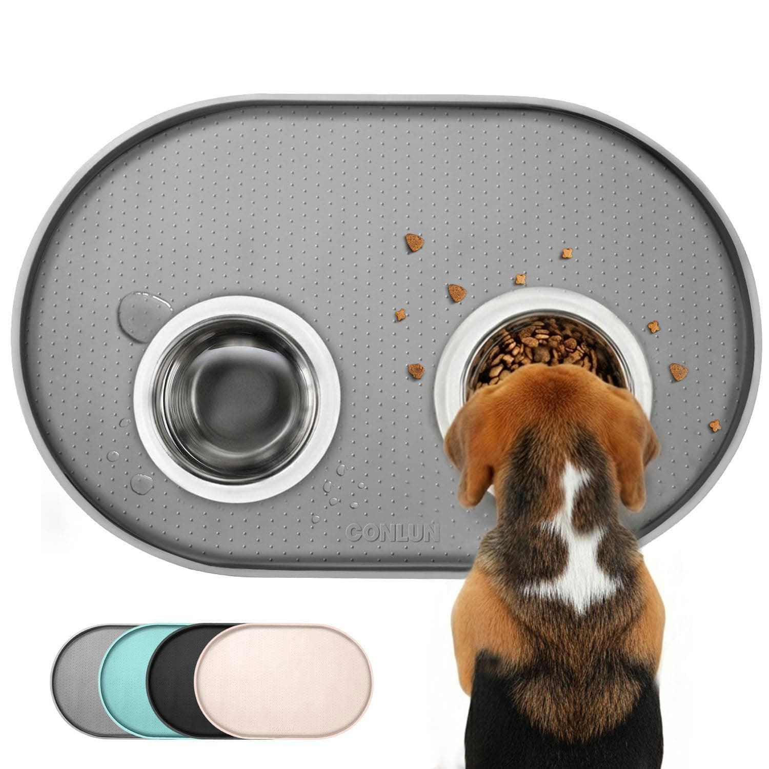 Conlun Dog Food Mat,1.2 cm Raised Edges Cat Food Mat for Spill Containment,BPA-Free Silicone Pet Food Mat for Floor Waterproof,Rubber Dog Mats for Food and Water Bowls(Grey,81 x 51cm)