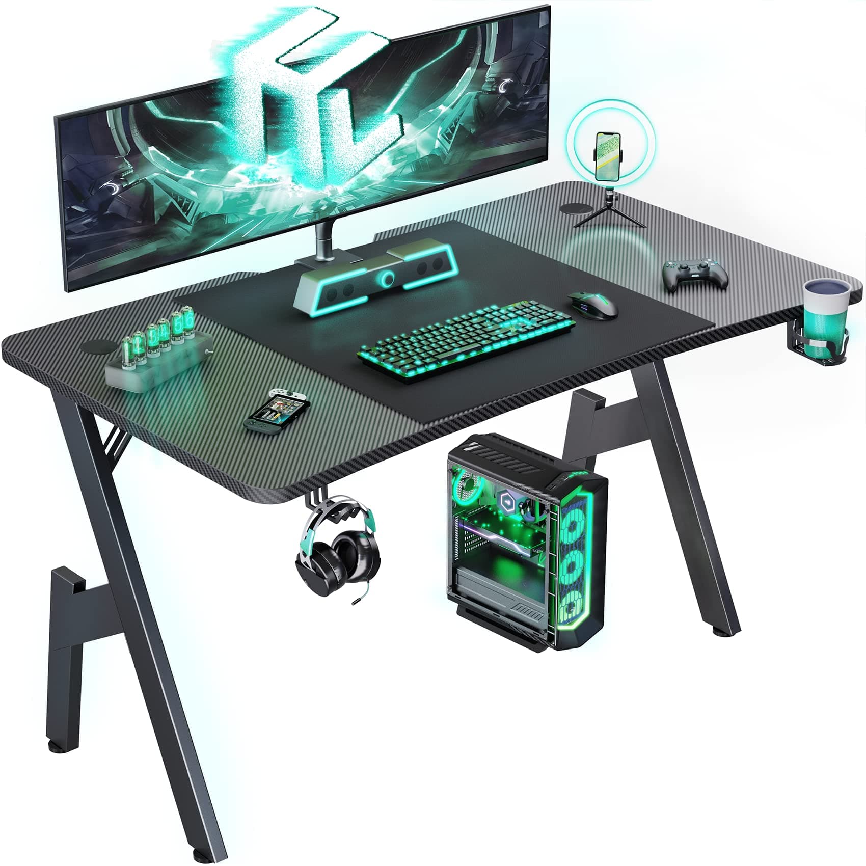 HLDIRECT 47" Gaming Desk, Carbon Fiber, with Cup Holder & Headphone Hook