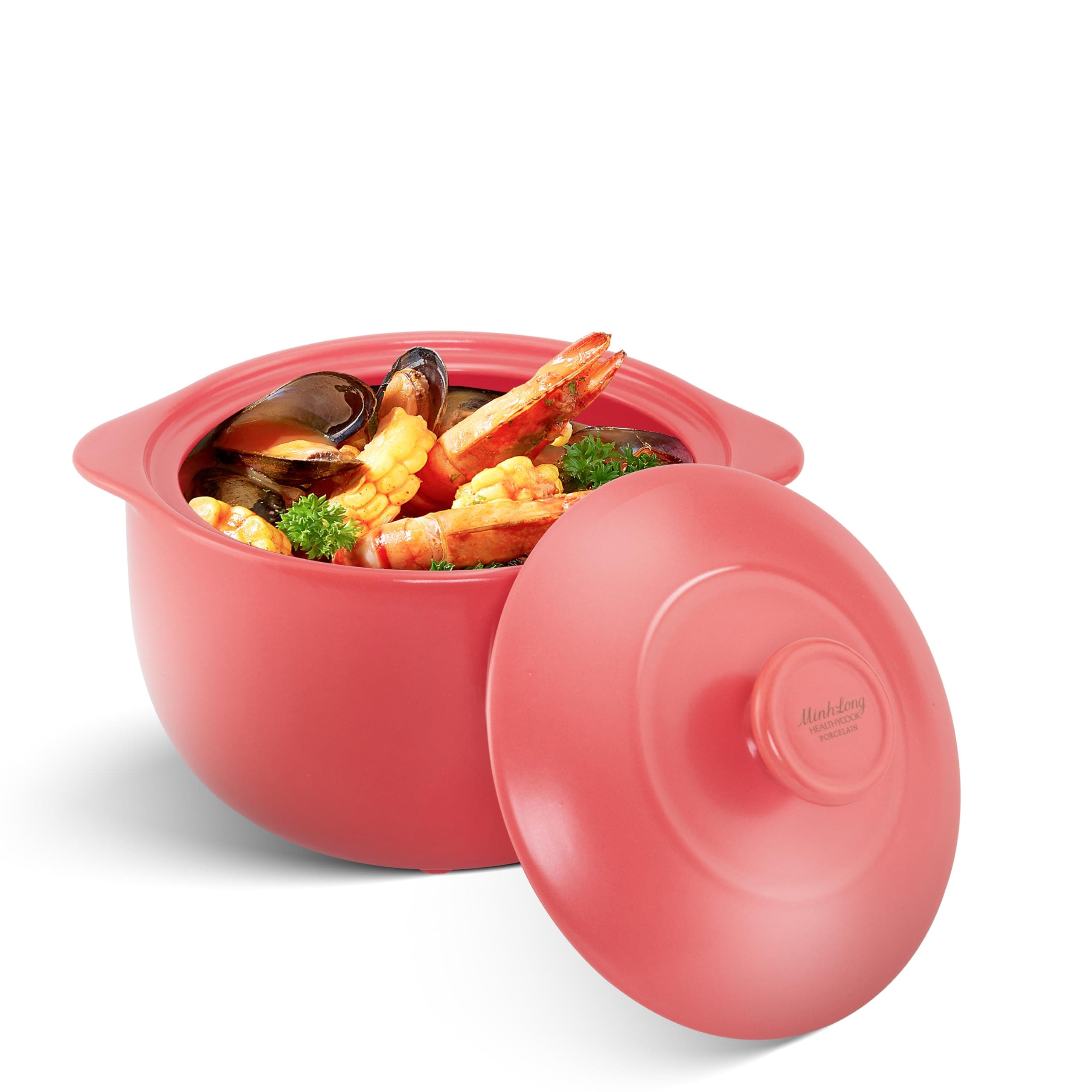 MINH LONG 2-Qt Porcelain Dutch Oven with Lid – Lead & Cadmium Free, Oven Safe to 482°F, Heat Retention, Clay Pot for Cooking on Gas & Infrared Cooktop, Use to Marinate, Cook, Bake, Refrigerate & Serve