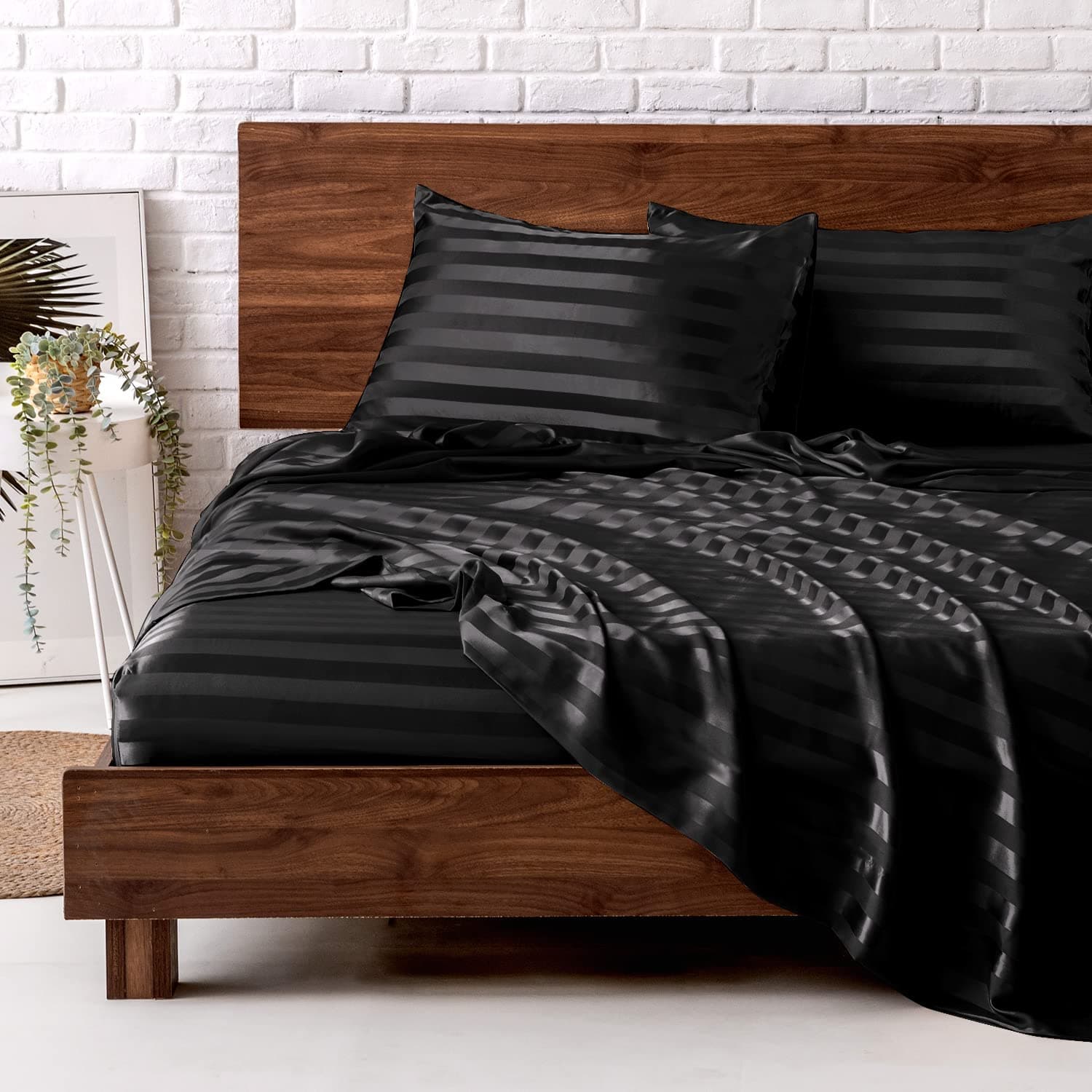 MR&HM Satin Sheets Queen Size with Elastic Corner Straps, Black Striped